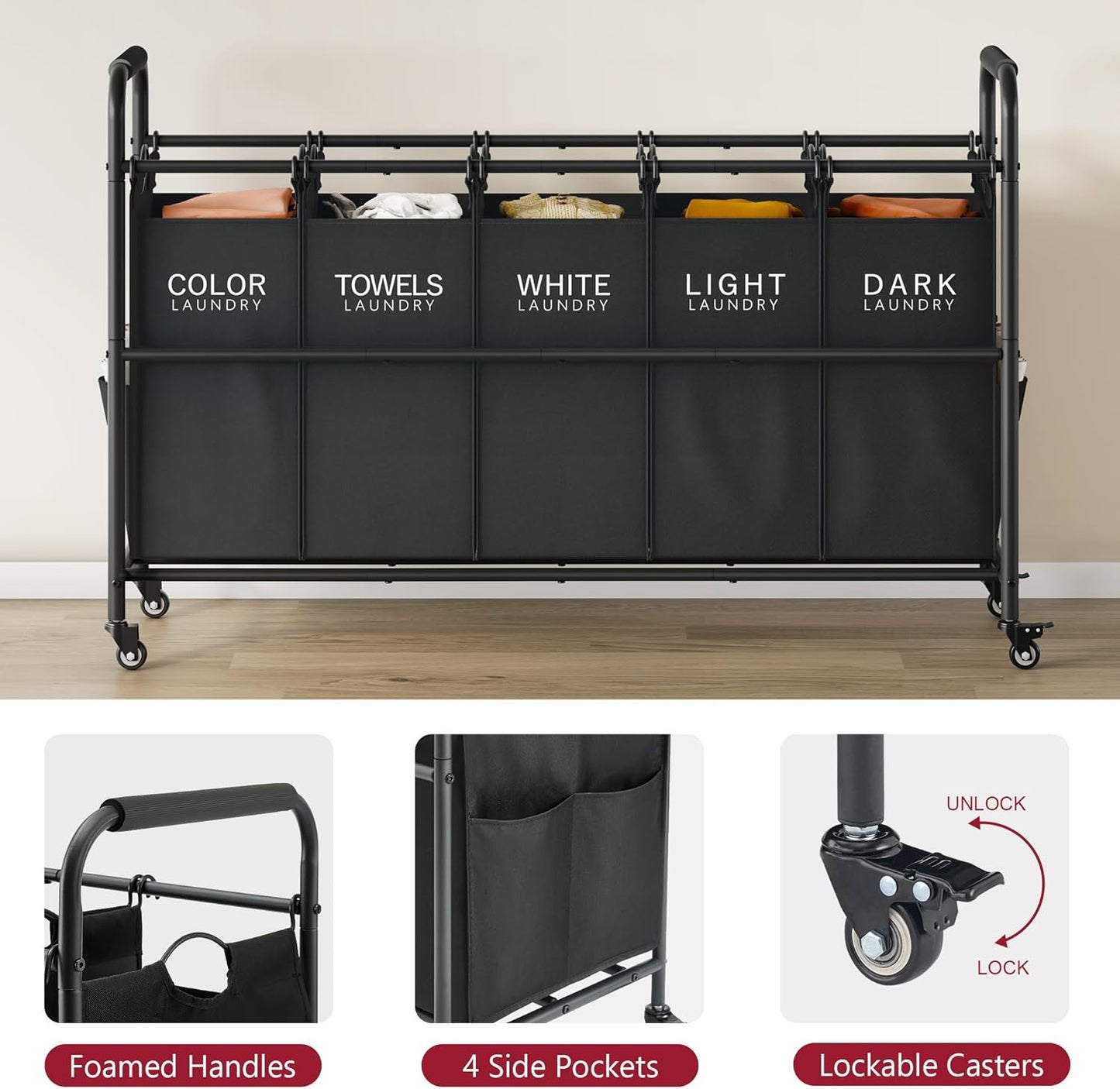 Tajsoon 5 Bag Laundry Sorter Cart, 5 Section Laundry Hamper with Heavy Duty Rolling Lockable Wheels, Laundry Basket Organizer with Removable Bags for Dirty Clothes Storage, Black