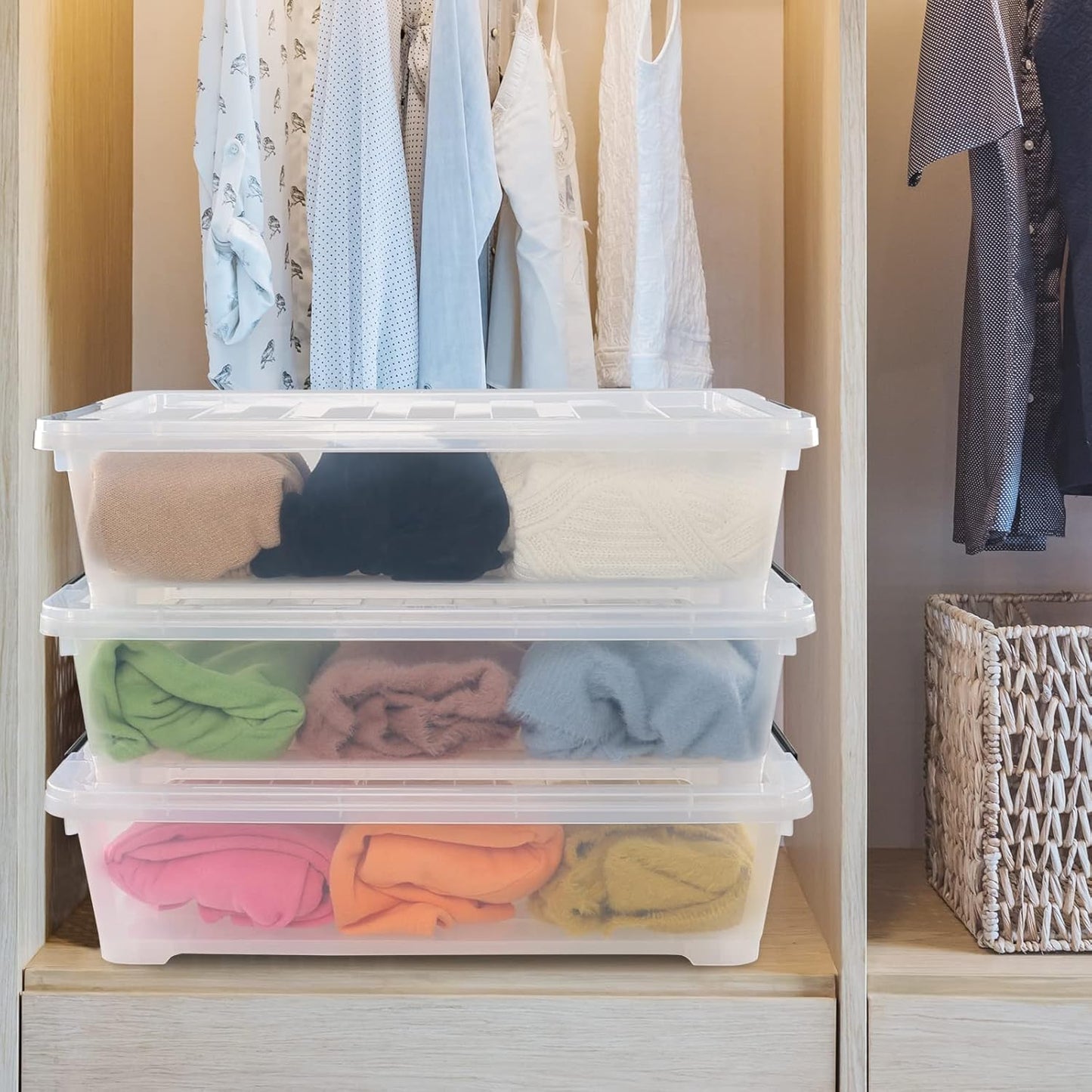 40 Quarts Under Bed Storage Boxes with Wheels, Large Plastic Shallow Tote Bins Set of 4