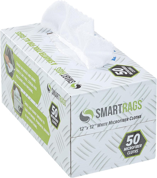 Arkwright Smart Rags in Box - (Pack of 50) Lint Free Microfiber Cleaning Cloth, Scratch & Streak-Free, Dispensable Wash Towels for Cars, Window Glass, and Auto Shop, 12 x 12 in, White