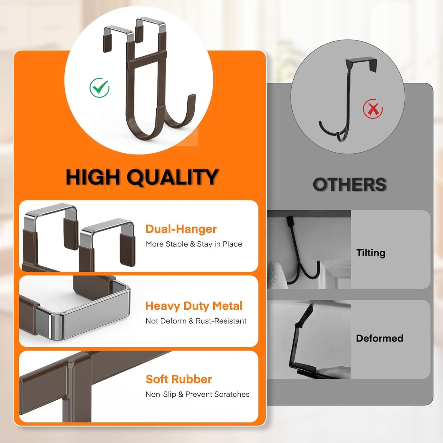 FYY Over The Door Hooks - 2 Pack Heavy Duty Dual-Hook Organizer Hanger with Non-Slip Rubber for Towels, Clothes, Hats & Bags Use in Bathroom, Bedroom, Kitchen - Fits Interior Doors Up to 1 3/8" Brown