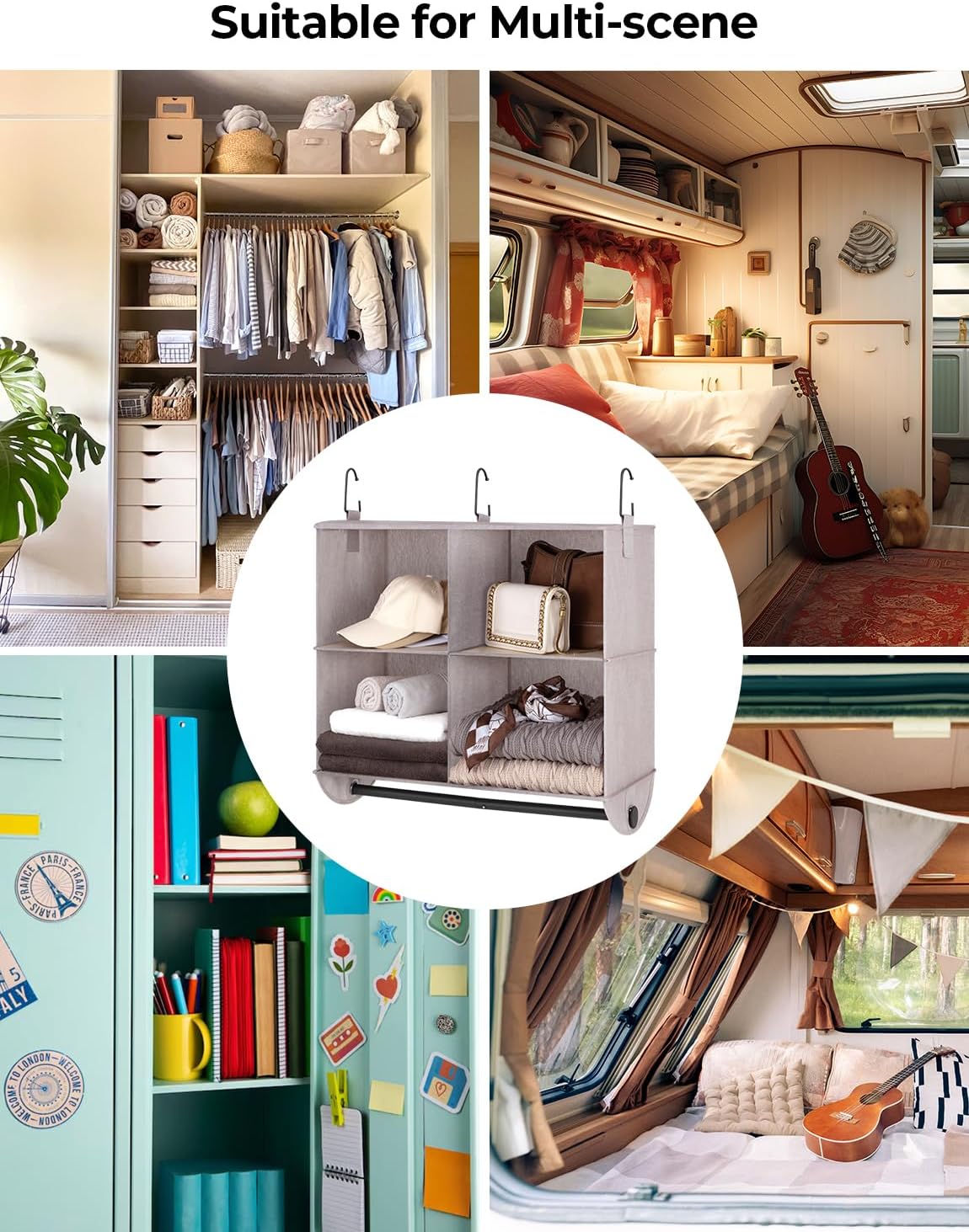 StorageWorks Hanging Closet Organizer with Metal Rod, 4-Section Closet Organizers and Storage, Collapsible Hanging Shelves for Wardrobe Organizer, Nursery, Bedroom, Light Khaki