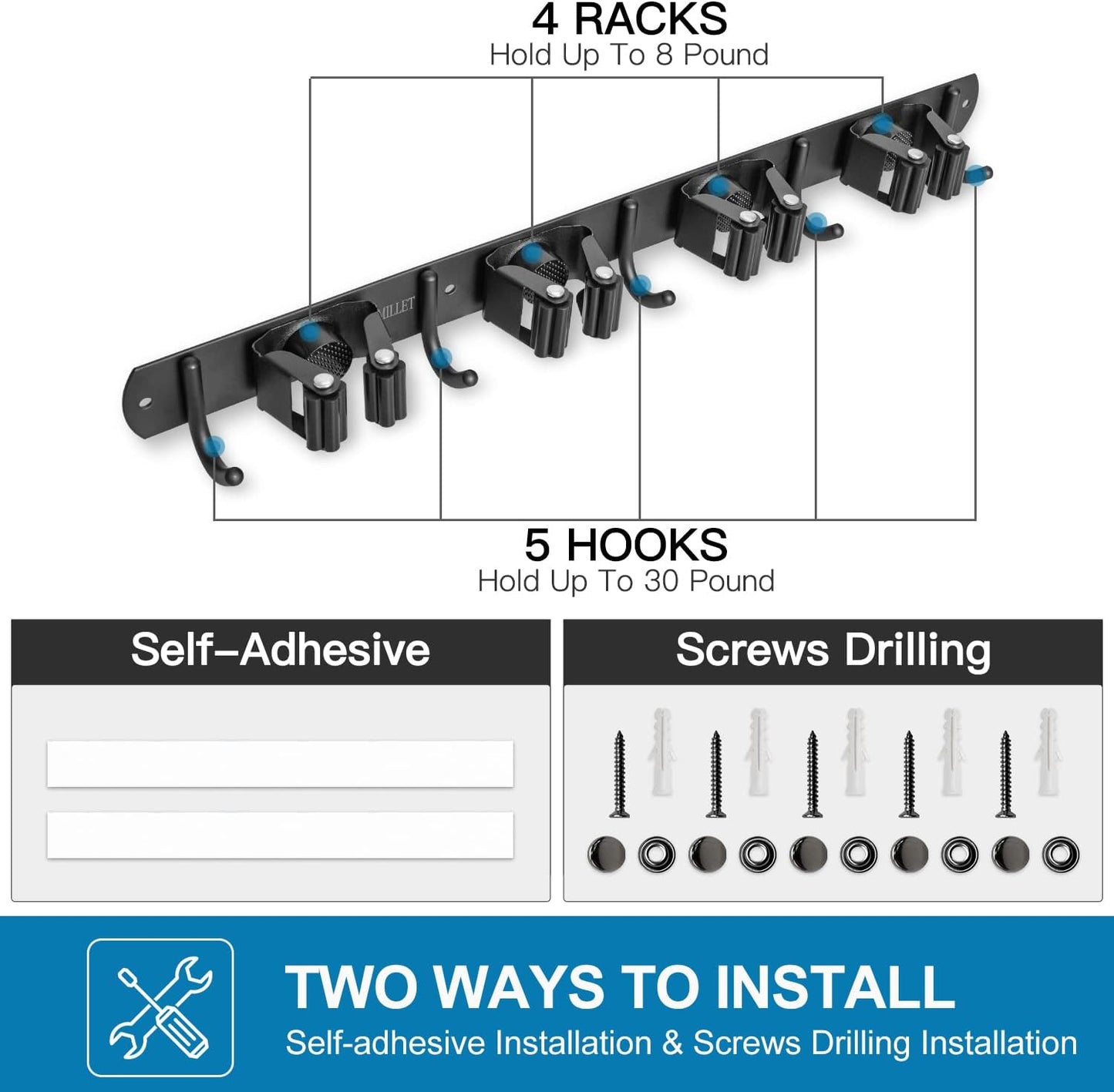 IMILLET 2 Pack Broom and Mop Holder Wall Mounted, Broom Holder Stainless Steel Broom Organizer Heavy Duty Tools Organizer Self Adhesive for Laundry Room Garage Garden（4 Racks and 5 Hooks）