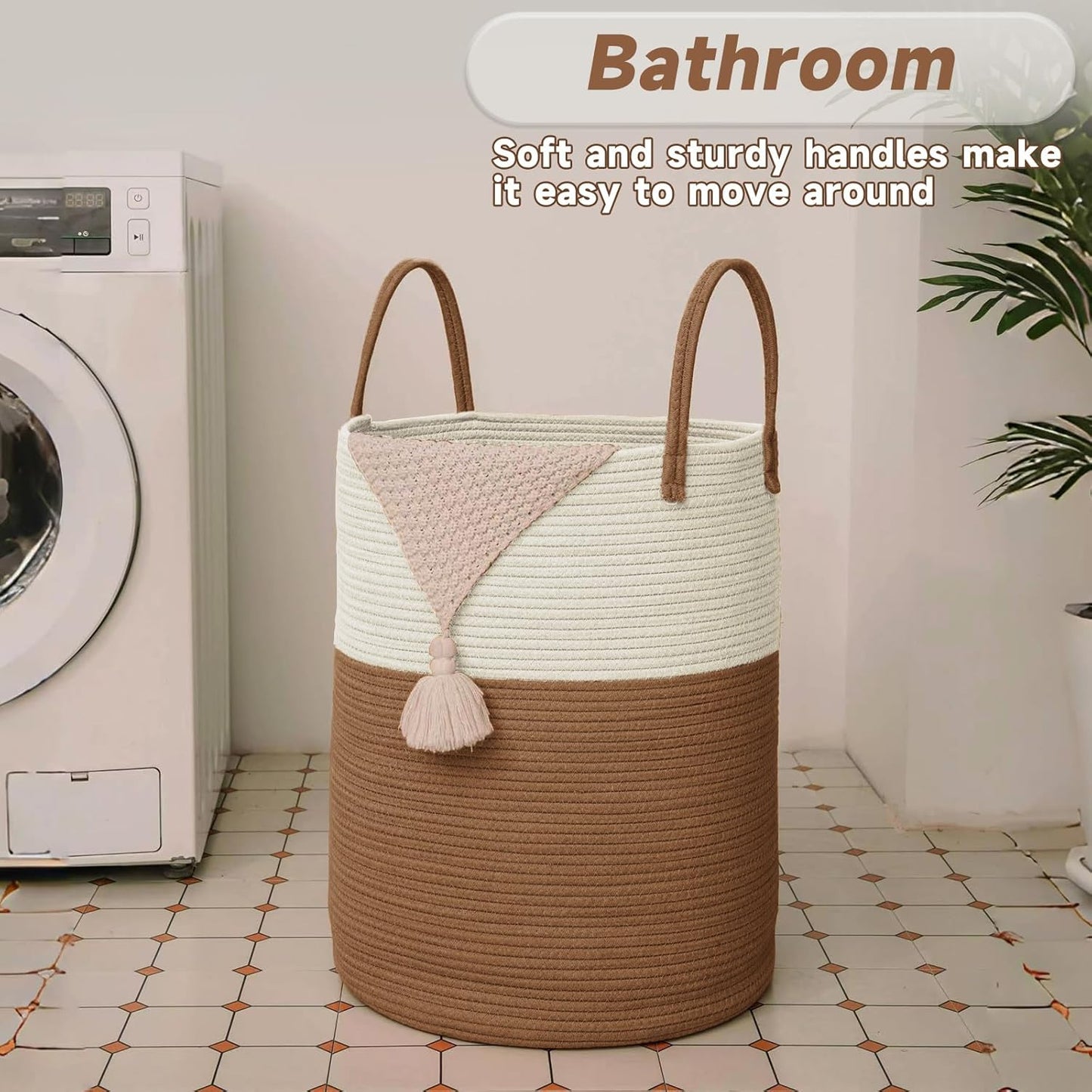 Large Woven Laundry Basket Hamper,60L Cotton Rope Storage Bin for Blankets,Toys and Clothes,Decorative Tall Nursery Hamper for Living Room,Baby Nursery,Bathroom and Bedroom,White and Brown