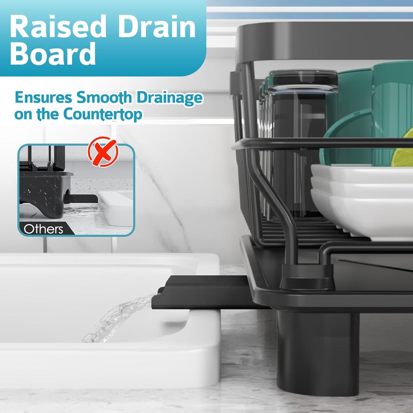 Dish Drying Rack - Space Saving Dish Rack - Dish Racks for Kitchen Counter with Drainboard,Rustproof Dish Drainer with Removable Utensil Holder,Black