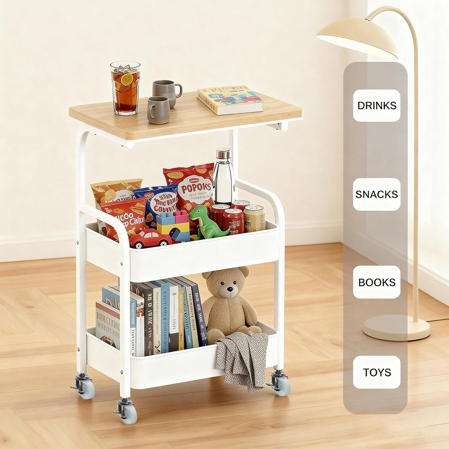 Rolling Cart with Wooden Tabletop 3-Tier Metal Utility Rolling Cart Storage Organizer with Lockable Wheels for Kitchen, Office, Bedroom