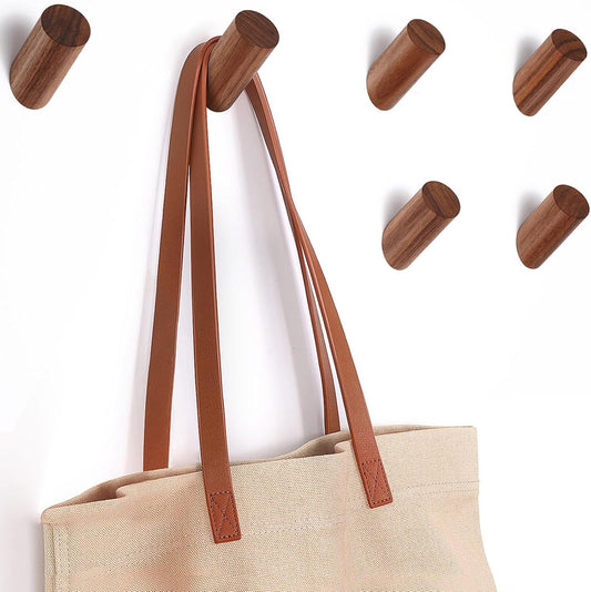 6 Pack Wood Hooks, Natural Coat Hooks Wall Mounted - Rustic Heavy Duty Wall Hooks for Hanging Towels - Entrance Hat Rack Coat Hanger (Walnut Wood)