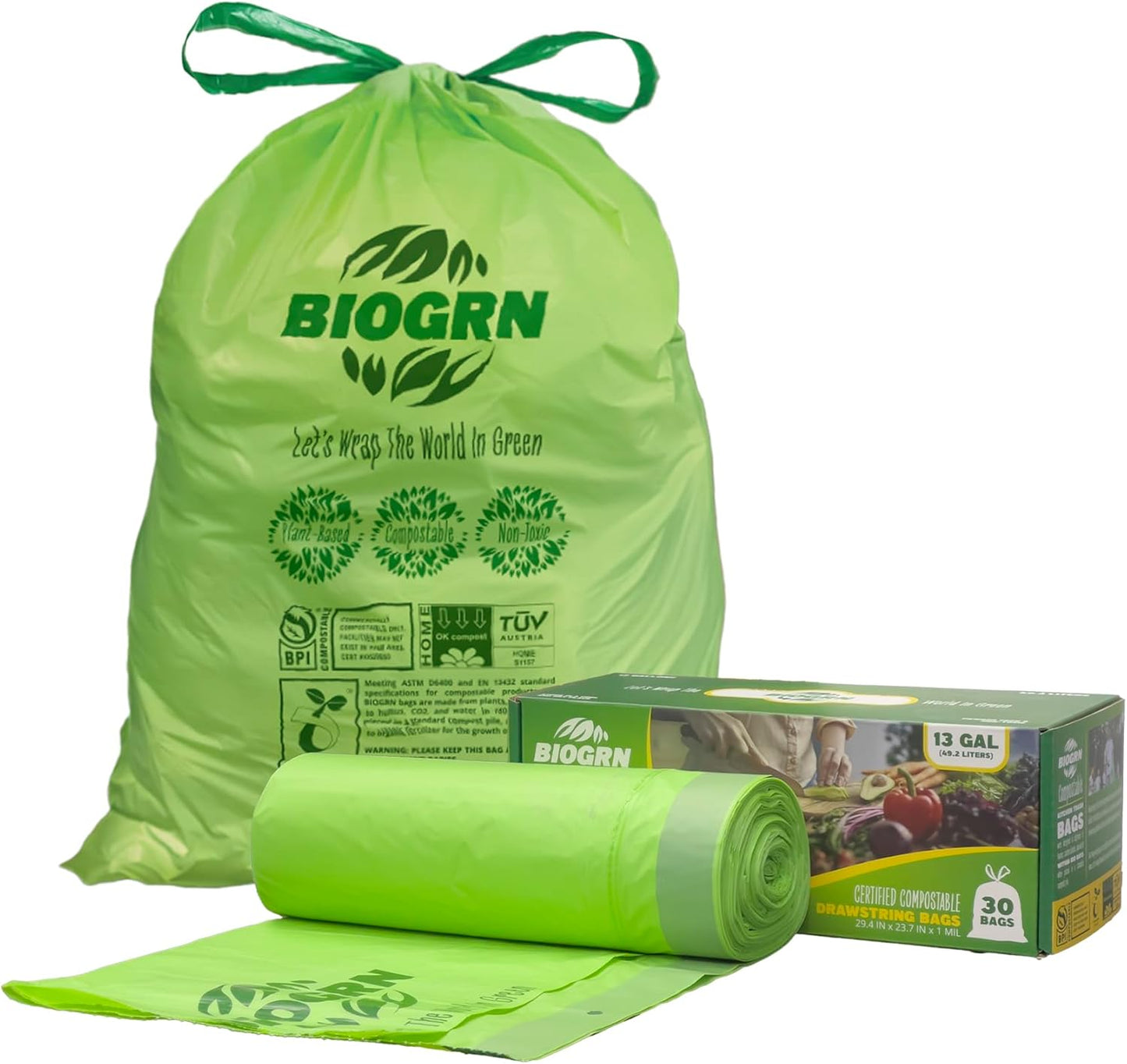 10-13 Gallon Compostable Trash Bags Drawstring 30 Bags Heavy Duty Extra Thick 1 Mil 49.21 Liter Biodegradable Trash Bags Compost Bags Green for Kitchen ASTM D6400 US BPI and OK Compost Home Certified