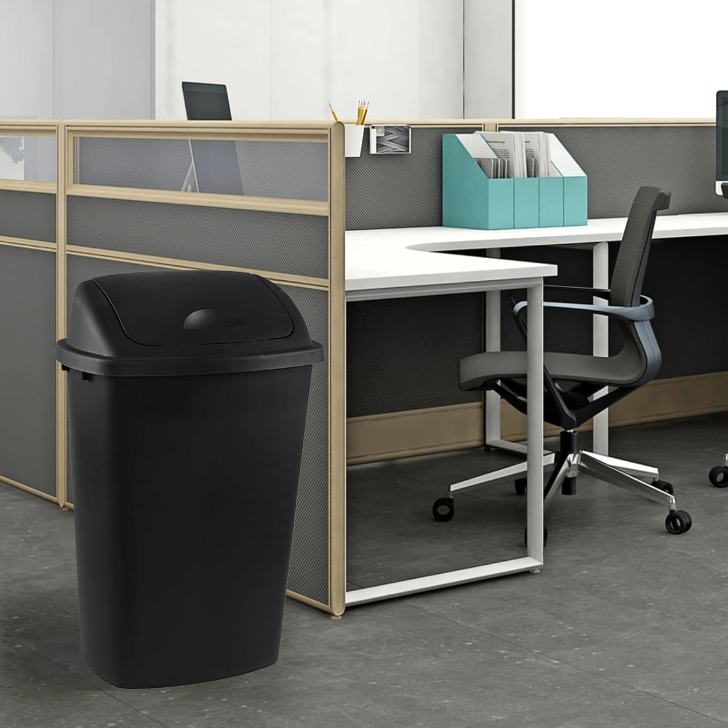 4-Pack 13 Gallon Plastic Swing Top Trash Can, Lidded Wastebasket Garbage Can for Kitchen, Garage, or Workspace, Black