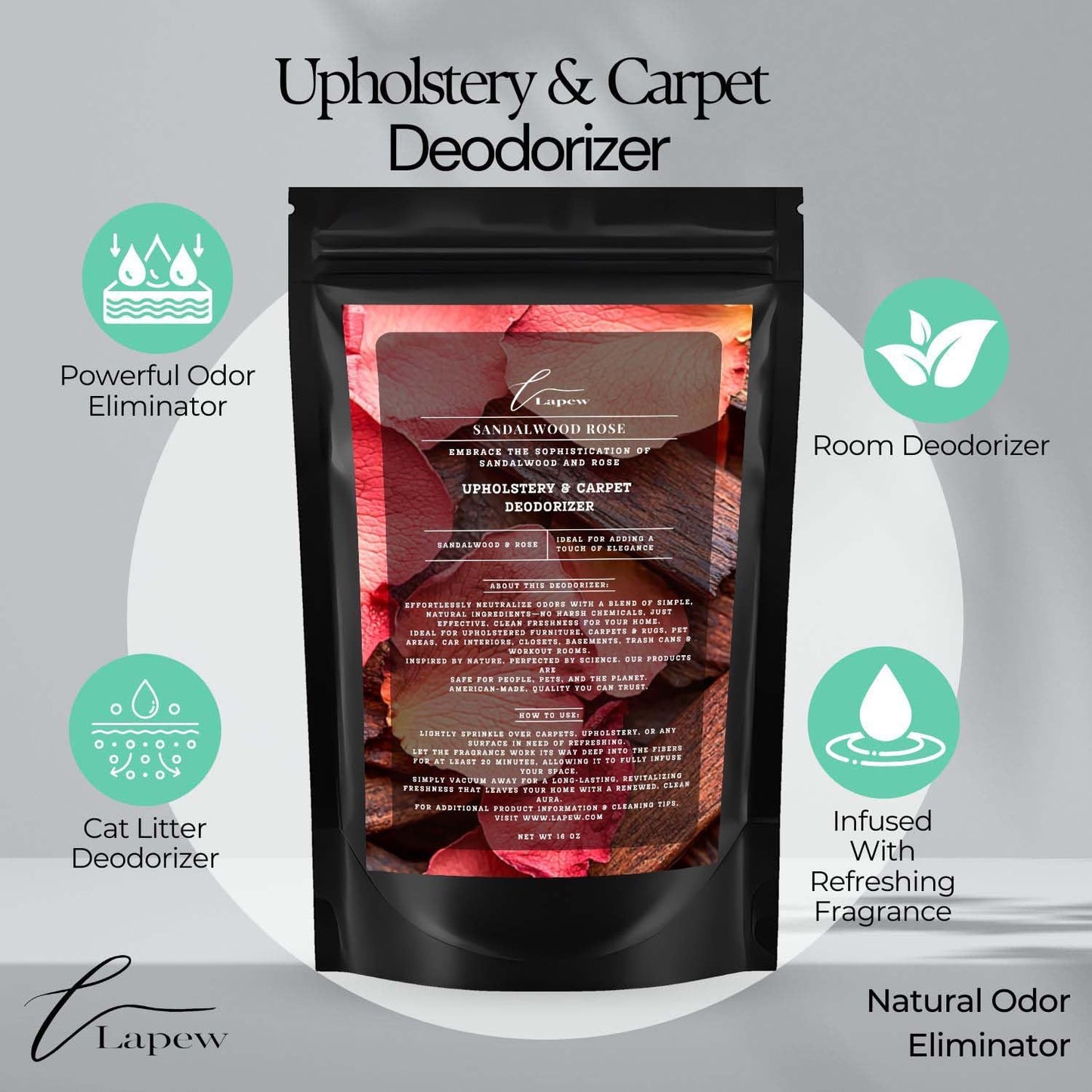 Sandalwood Rose Carpet Freshener Powder: Powerful Odor Eliminator for Home, Upholstery Deodorizer, Carpet Deodorizer, Pet Urine, Cat Litter Box - Sandalwood Rose Fragrance.