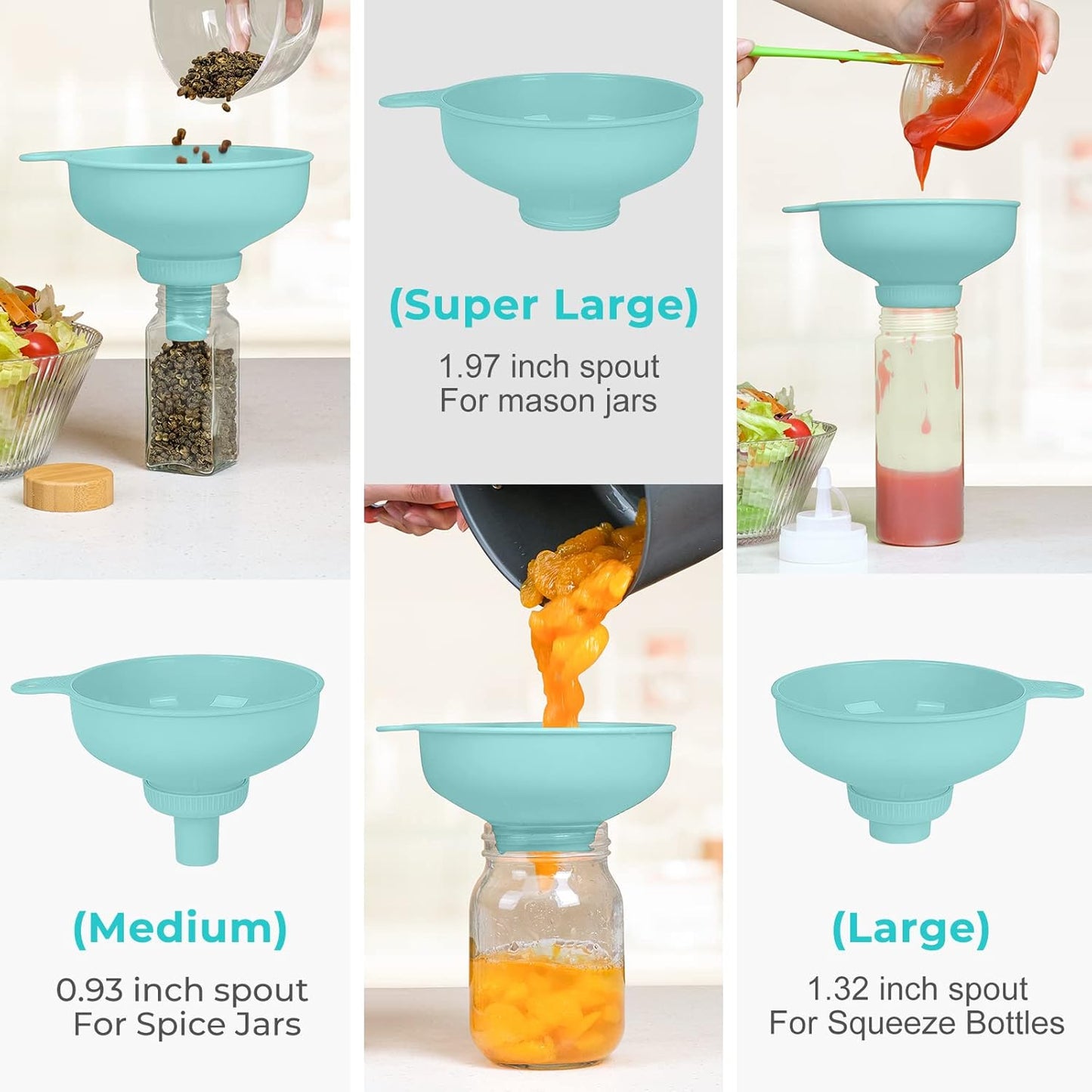 Wide Mouth Kitchen Funnel, Food Grade Plastic Cooking Canning Funnel with 4 Sizes Spouts for Filling Wide and Regular Mason Jars, Spray Dropper Oil Bottle Jug Spices Shampoo Sauce