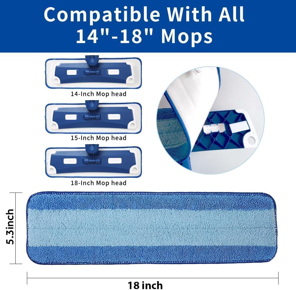 18 inch Mop Pads Refills, 3 Pack Microfiber Reusable Replacement Mop Pads Flat Replacements Heads for Wet Or Dry Floor Cleaning and Scrubbing, Blue Cloth