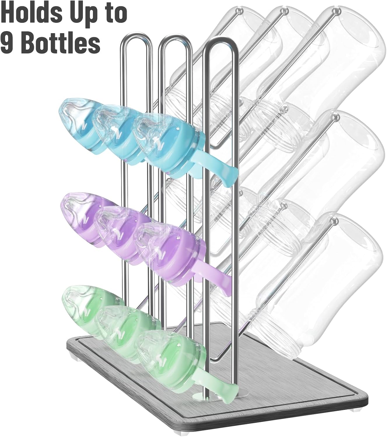 NiHome Baby Bottle Drying Rack with Diatomite Base & Stainless Steel Frame, Foldable Countertop Organizer Holds 9 Bottles, Space-Saving Stand for Water Bottles, Lids, Reusable Bags & More