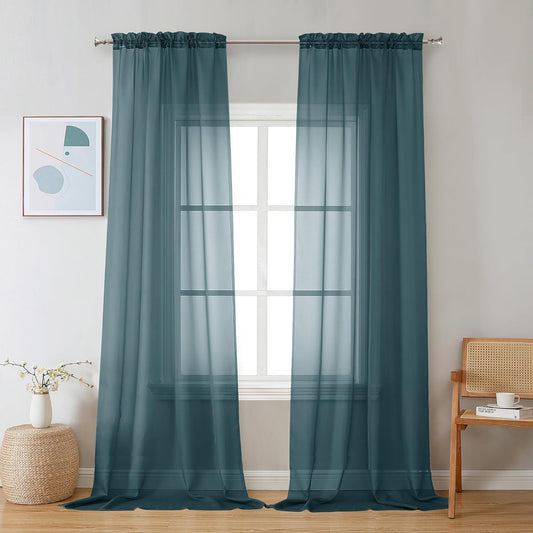 Chyhomenyc Sheer Stone Blue Curtains 90 inches Long 2 Panels, Light Filtering Soft Airy Solid Elegant Voile Window Treatment Drapes for Bedroom Living Room Wedding Party Decor, 42 Wx90 L Inches