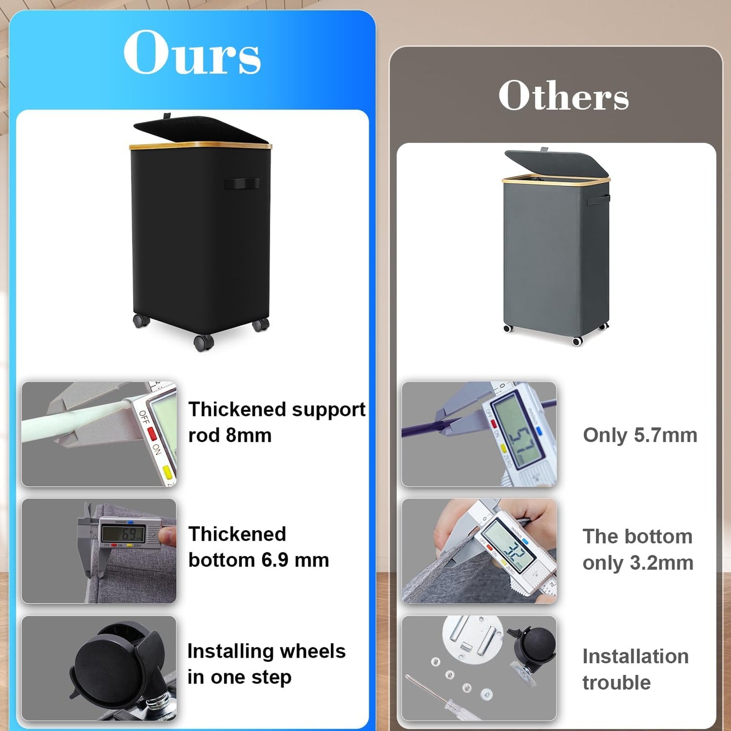 Laundry Hamper with Wheels,20 Gal (75L) Laundry Basket with lid Rolling Clothes Hamper Foldable Dirty Clothes Basket on wheels with Bamboo Frame and Bag for Bedroom, Dorm, Laundry Room-Black