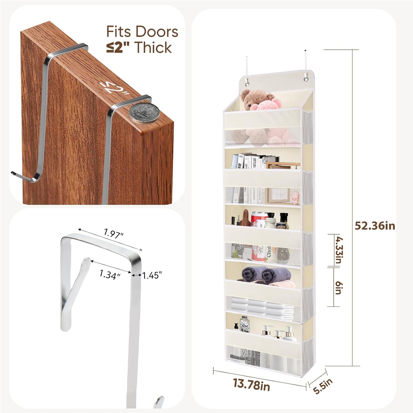 QINGUANG Over The Door Organizer,Hanging Organization and Storage, Behind Door Organizer with Side Pockets, 44 lbs Capacity,Anti Tilt, for Nursery, Bathroom, Bedroom,Dorm 5-Shelf Beige