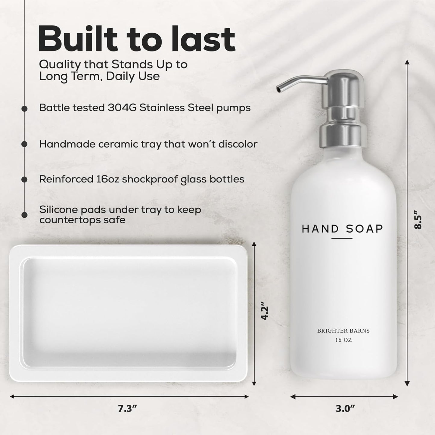 White Glass Hand and Dish Soap Dispenser Set by Brighter Barns - Kitchen Soap Dispenser Set with Tray & Pump for Office, Hotel, Vacation Rental, Airbnb - Modern Kitchen Decor & Accessories (White)