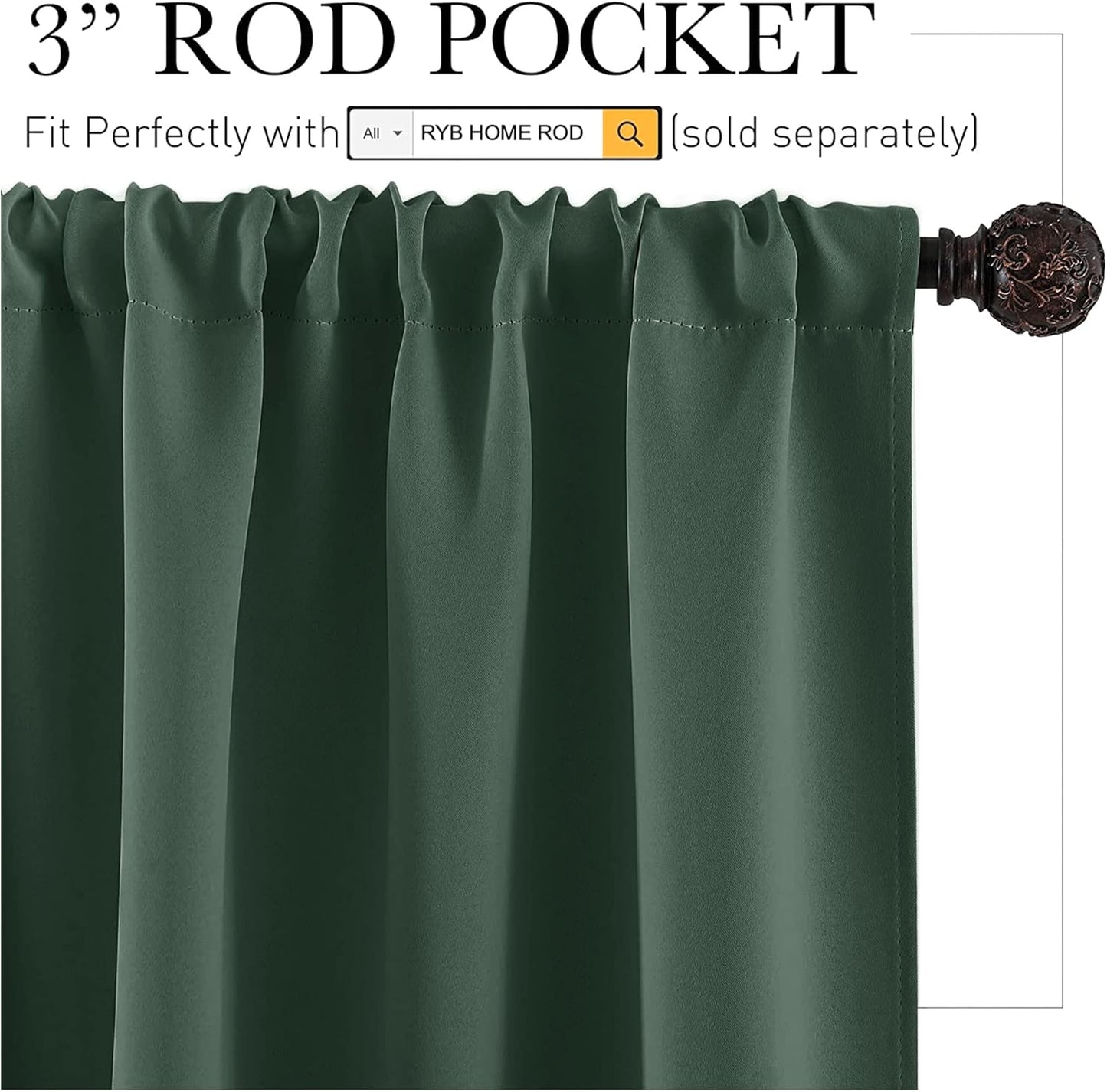 RYB HOME Bathroom Window Curtains - Super Soft Blackout Privacy Curtains for Baby Nursery Bedroom Basement Garege Workshop Kitchen Dining Living Room, W 29 x L 30, Dark Green, 2 Pcs