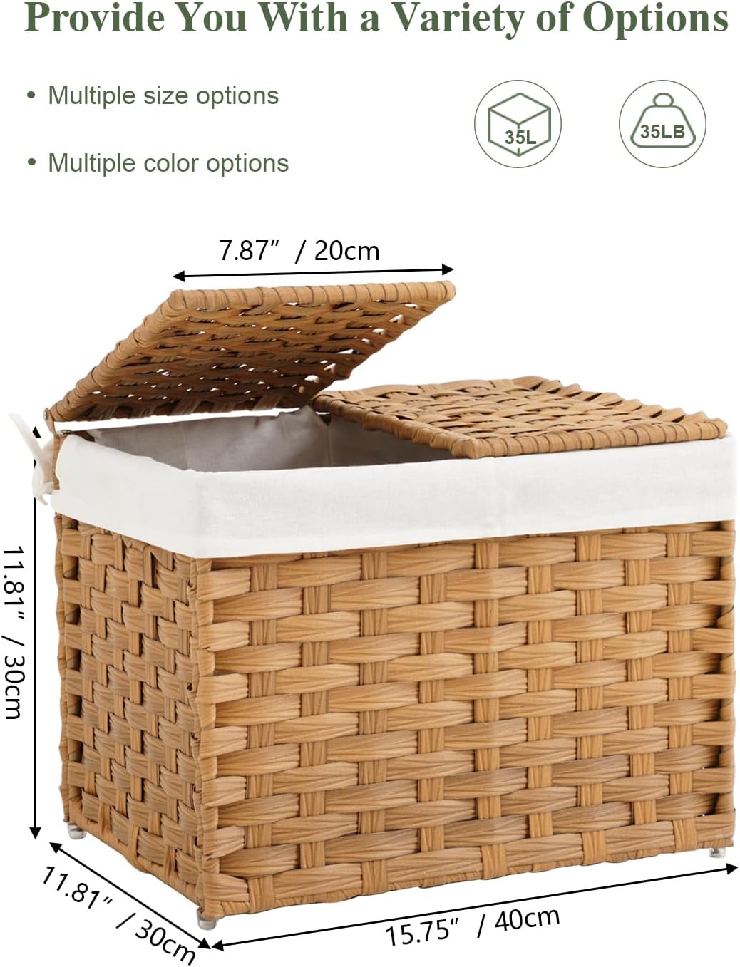 Storage Basket with Lid Woven Wicker Baskets with 2 Separate Lid, 9.2 Gallon (35 L) Wicker Storage Bins with Handles, Foldable and 2 Removable Liner Bags for Bedroom, Laundry Room Natural