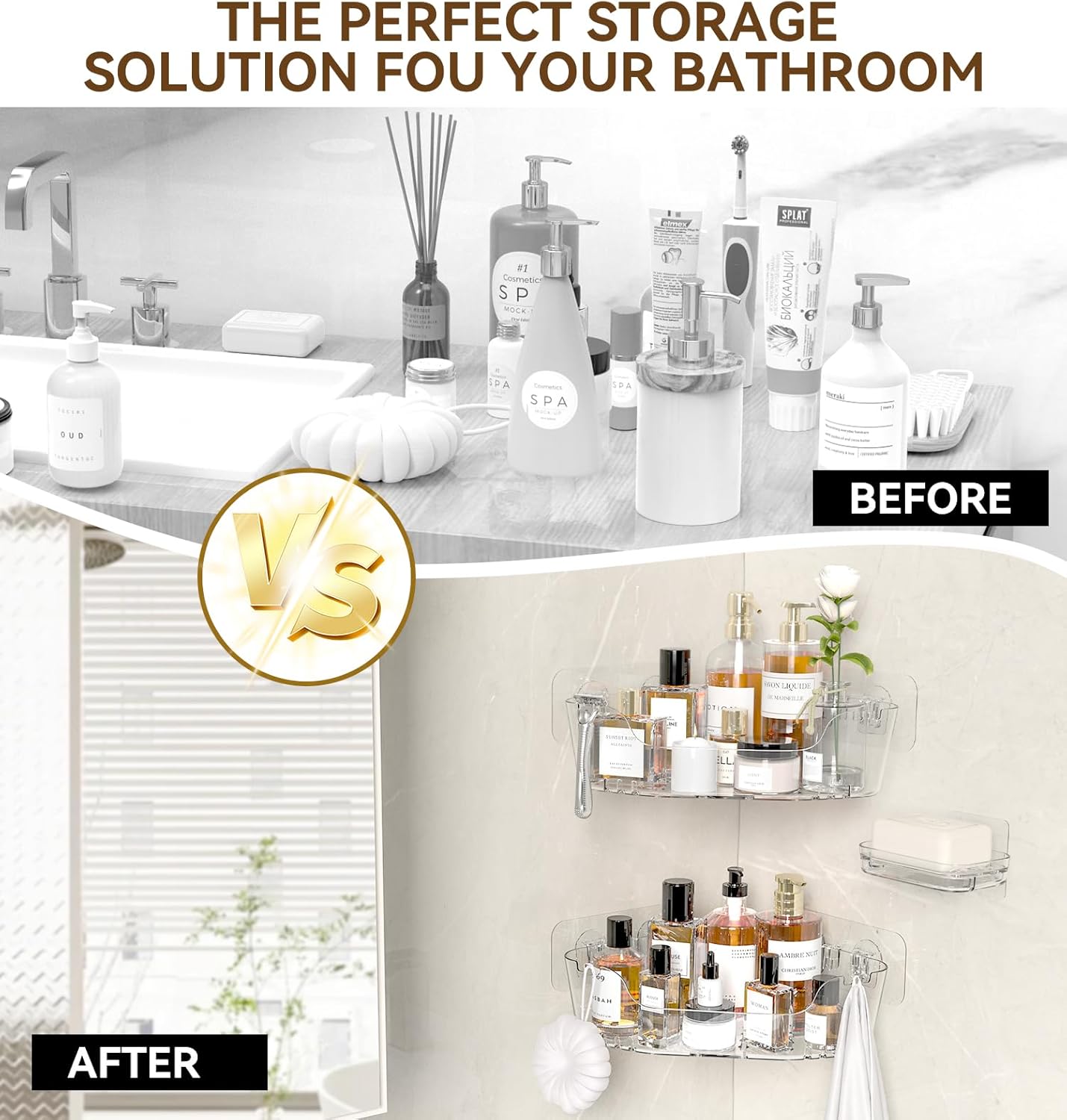 Corner Shower Caddy, 3-Pack Adhesive Shower Organizer with Soap Holder and Hooks, Rustproof Corner Shower Shelves, No Drilling Bathroom Organizer for Bathroom