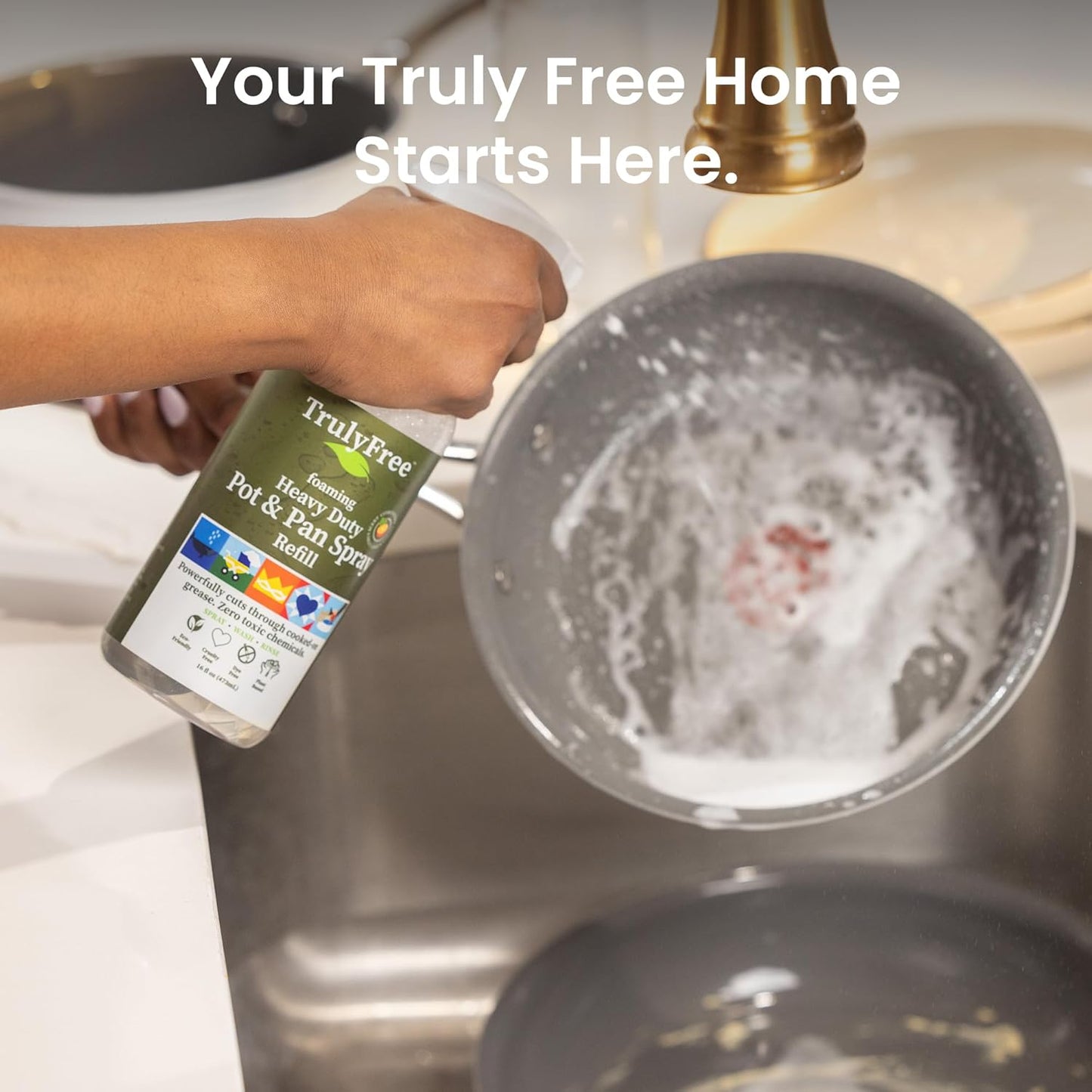 Truly Free Heavy Duty Pot & Pan Spray - Powerful Foaming Grease Remover, Multi-Purpose Kitchen Cleaner Spray Degreaser for Oven, Stoves, Grill & More, Citrus Scent - Includes 1 Empty Bottle & 2 Refill