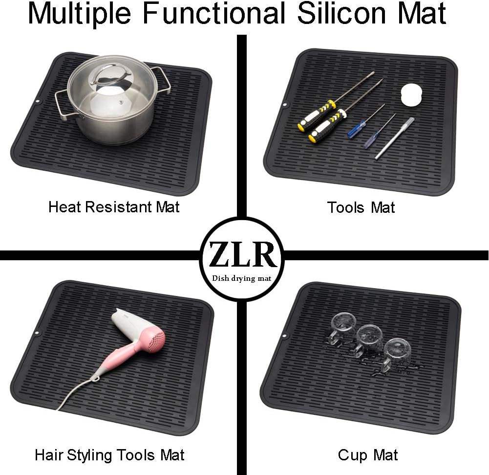 ZLR 2 Pcs Silicone Dish Drying Mats for Kitchen Counter, Eco-Friendly Fast Dry Dish Mat, Easy Clean Multi Usage Drying Matt, Heat Resistant Trivet, 16" x 18" XL, Black