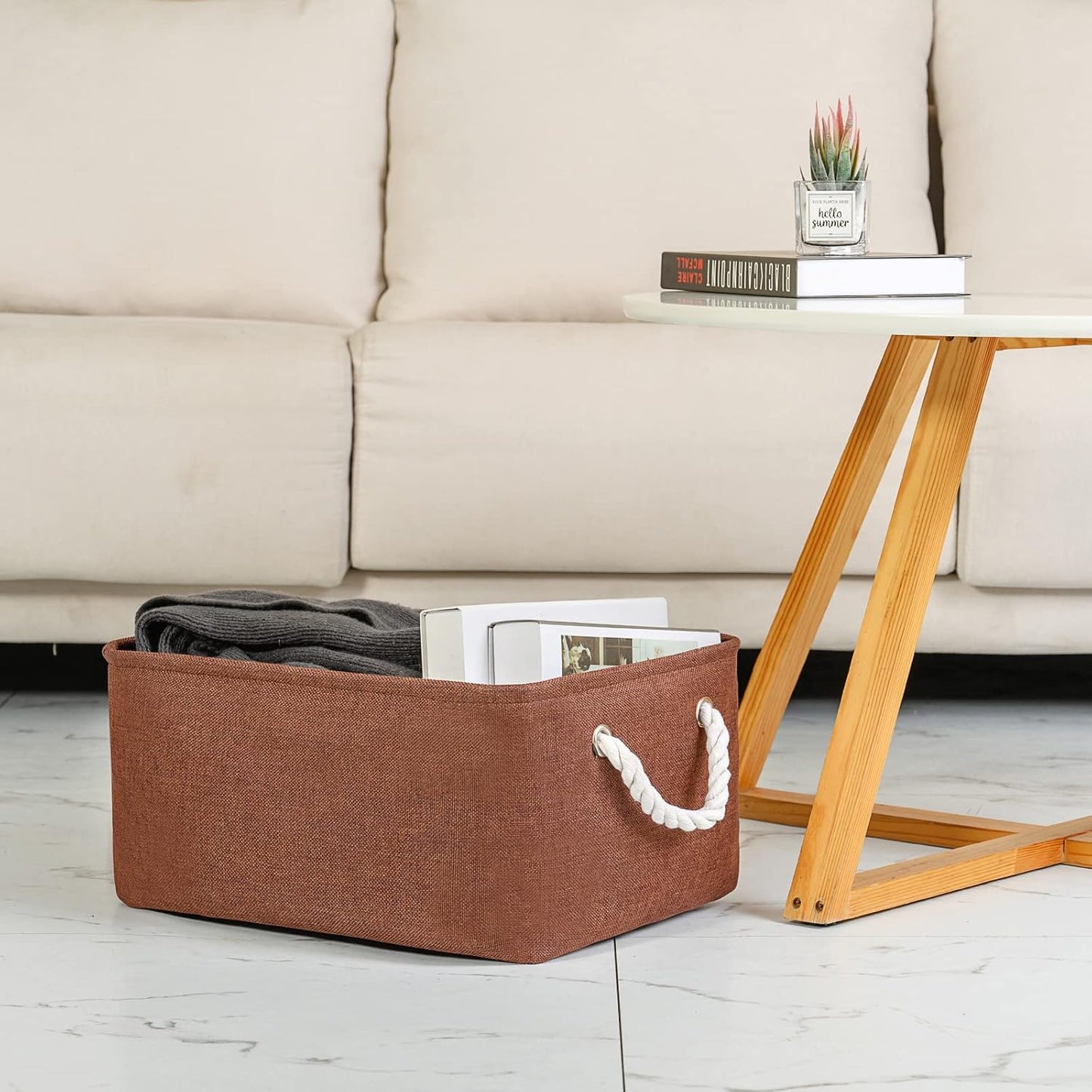 TheWarmHome Decorative Basket Rectangular Fabric Storage Bin Organizer Basket with Handles for Clothes Storage (Brown, Large-1Pack,15L*10.5W*8H)