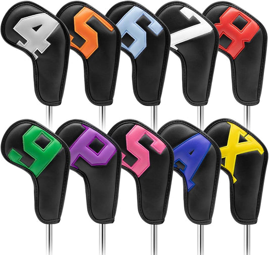Barudan Golf Iron Club Head Covers Set Headcovers for Callaway Ping S5 - Big Colorful Number - Long Neck - Black Pu Leather fits Small Standard Oversized Golf Clubs 10pcs/Pack (Black+Color Number)