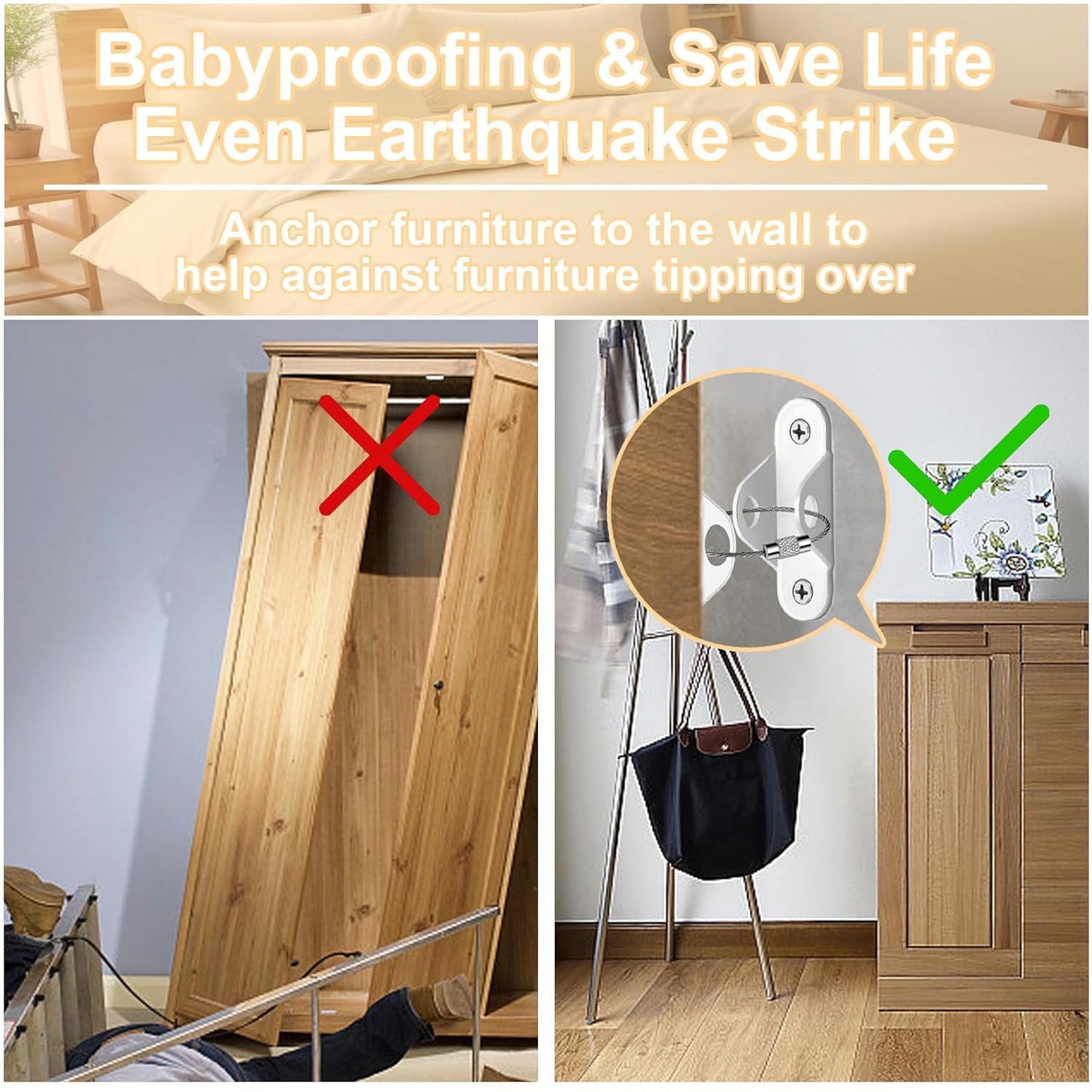 Furniture Anchors (12 Pack) for Baby Proofing & Pet Protecting, Furniture Straps Anti Tip Furniture Wall Anchor Securing 400 lbs/Keep Baby Pet Safety from Falling Furniture, Earthquake Straps