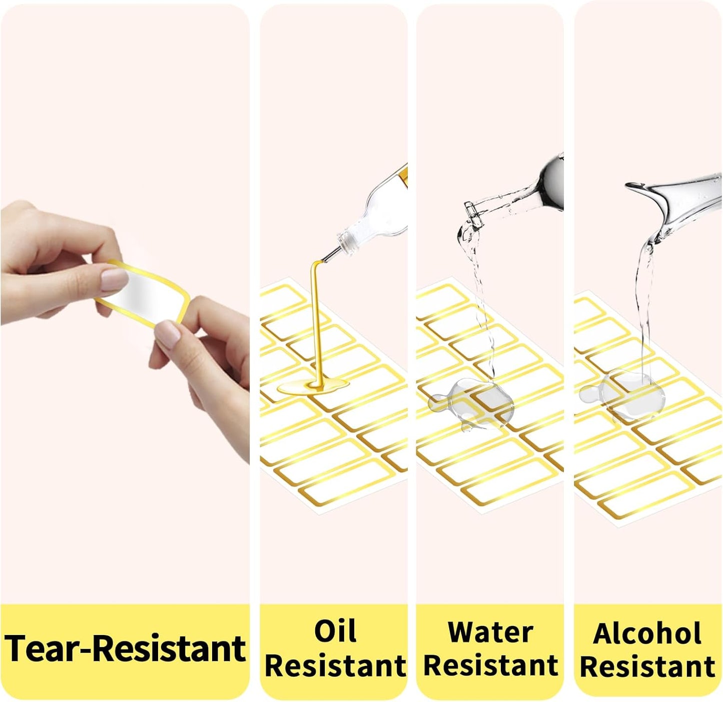 Gold Labels Stickers, Removable Blank Labels Gold Border, Self-Adhesive Rectangular Stickers Water/Oil/Tear Resistant for Storage, Classroom, Home (2 Size, 300 Sheet)