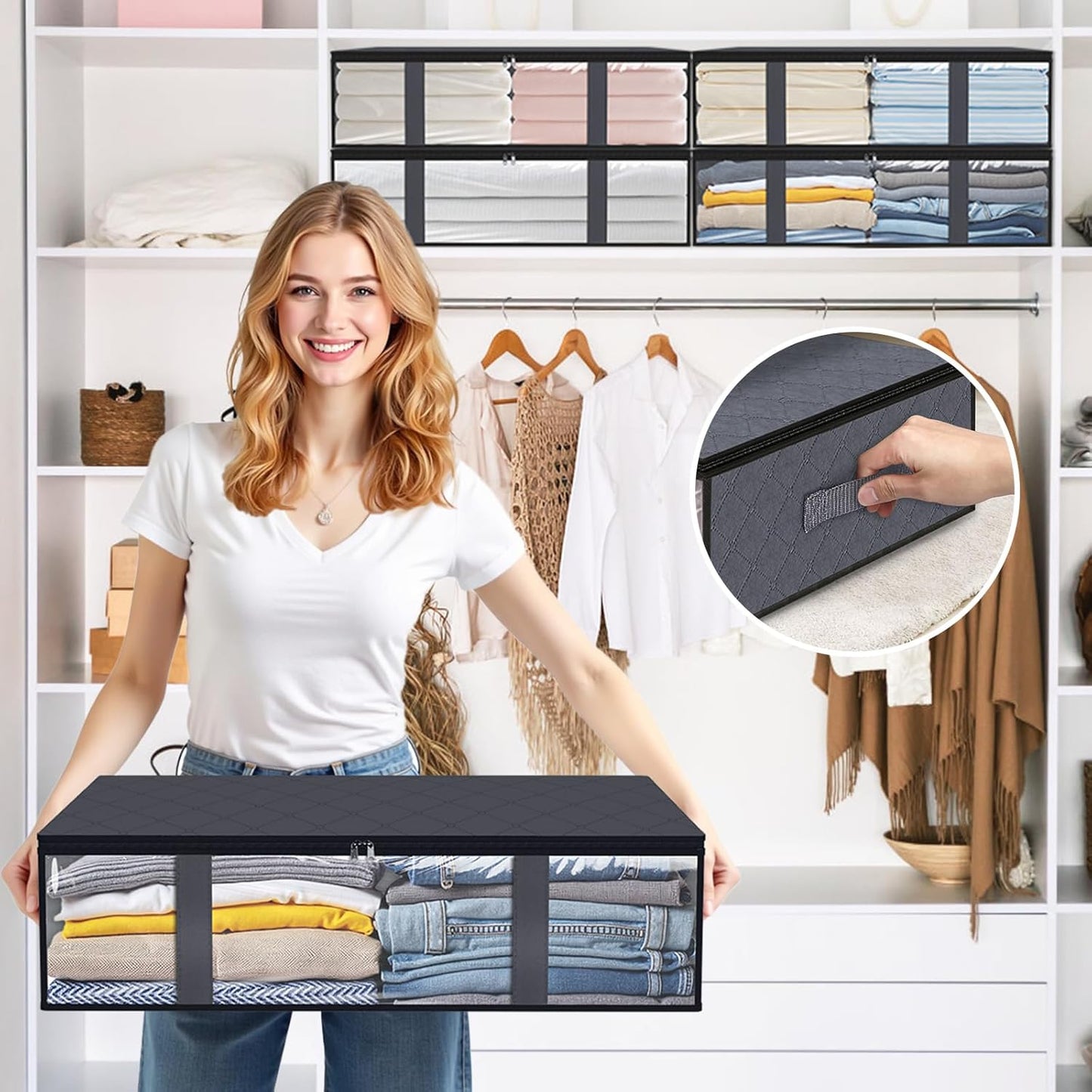 StorageRight Under Bed Storage Bins, 4-Pack 40L Foldable Fabric Storage Bags with Transparent Window, Breathable Organizer for Clothes/Blanket/Comforter/Quilt, Grey