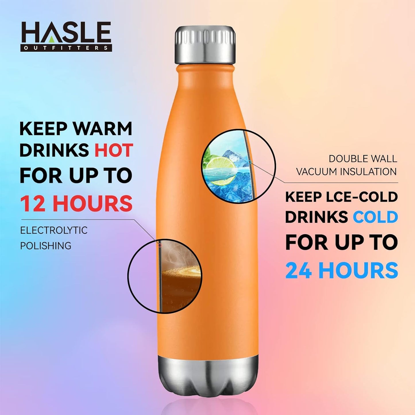 HASLE OUTFITTERS 17oz Stainless Steel Water Bottles, Vacuum Insulated Water Bottles Double Walled Powder Coated Reusable Metal Sports Water Bottles Keep Drinks Hot and Cold, Orange, 1Pack