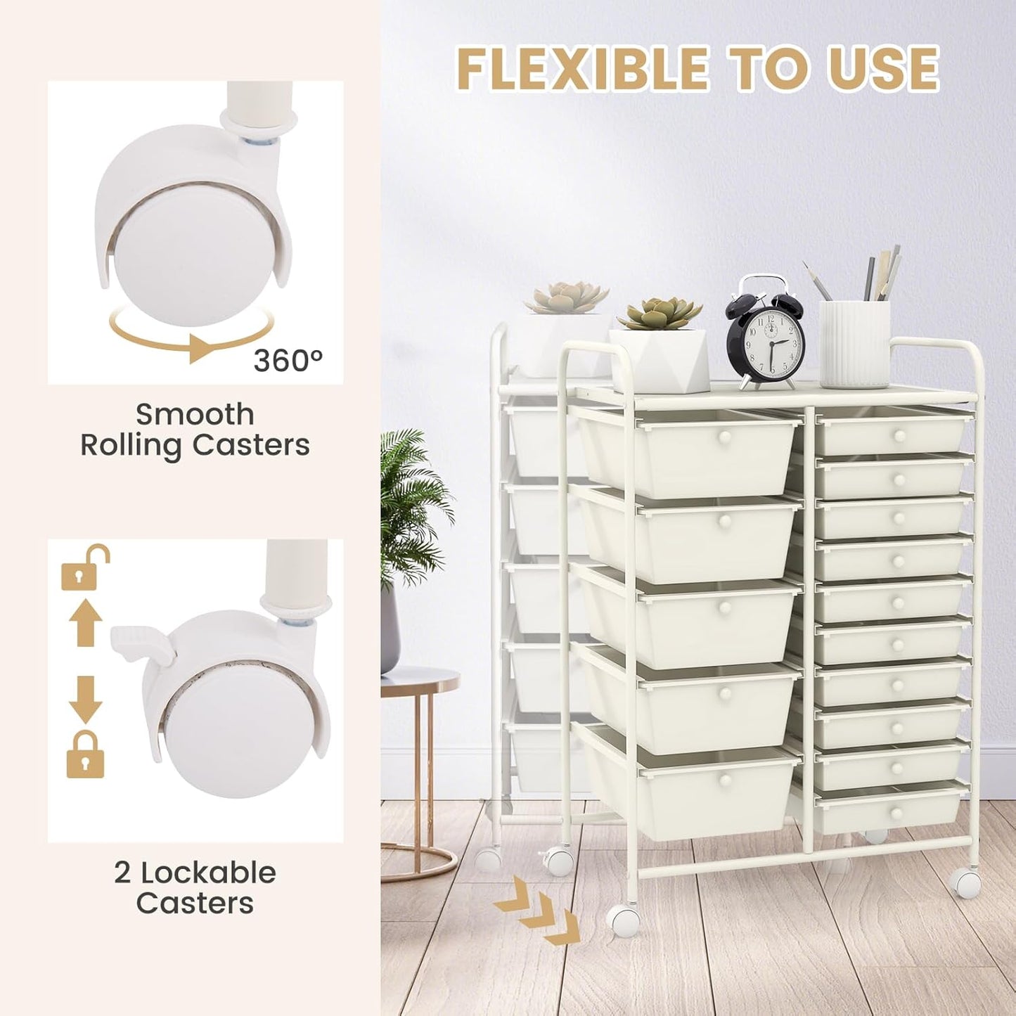 GOFLAME 15-Drawer Rolling Storage Cart, Multipurpose Movable Organizer Cart, Utility Cart for Home, Office, School, White
