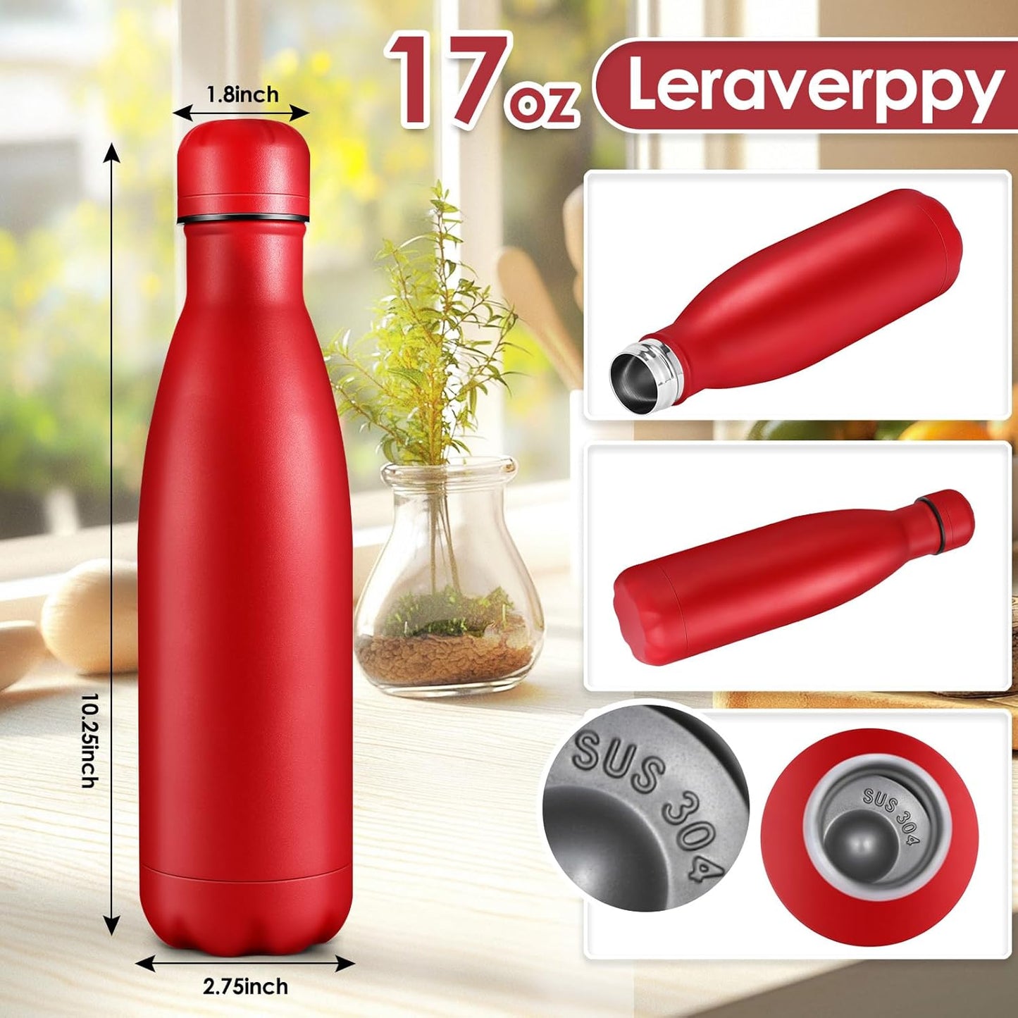 17oz Cola-Bottle Shaped Stainless Steel Leak-proof Water Bottle,Double Wall Vacuum Insulated Metal,Travel Mug For Sports Indoors & Outdoors,BPA-Free School Kids Flasks,Red(8 Pack)