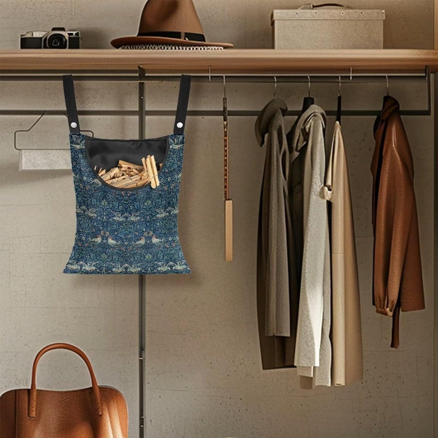 William Morris Bird Print Ultimate Clothespin Storage System 14.5"x12" - Features Oversized Opening & Extended 5.5" Hanging Strap - Polyester Construction for Outdoor Use Decor