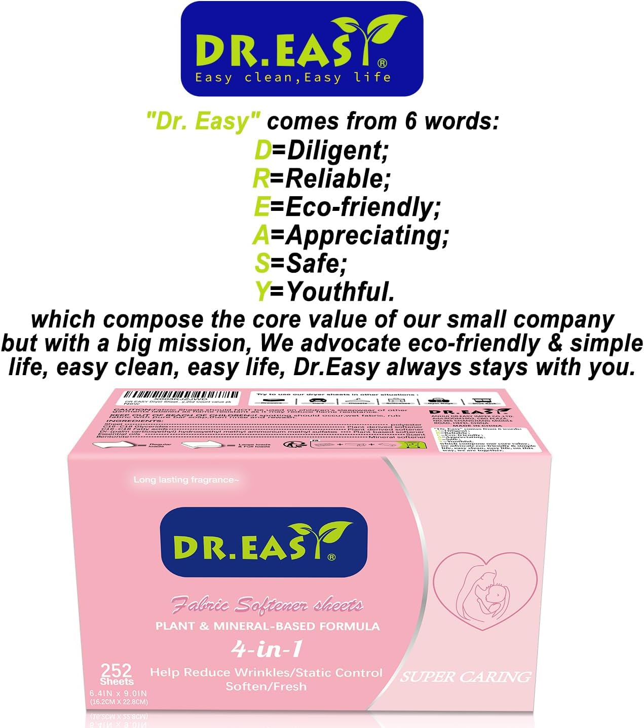 DR.EASY Dryer Sheets Plant Based Formula 252 Ct Super Caring,Softener sheets for Laundry Unscented No Dyes Reduce Static & Wrinkles Help Repel Pet Hair