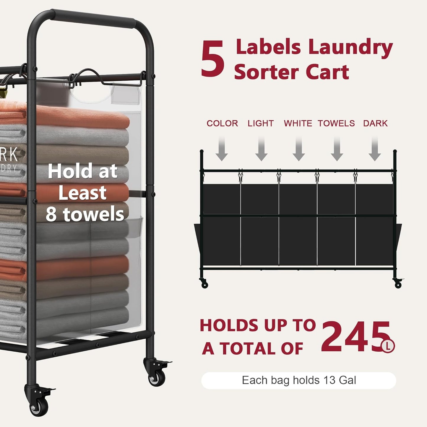 Tajsoon 5 Bag Laundry Sorter Cart, 5 Section Laundry Hamper with Heavy Duty Rolling Lockable Wheels, Laundry Basket Organizer with Removable Bags for Dirty Clothes Storage, Black