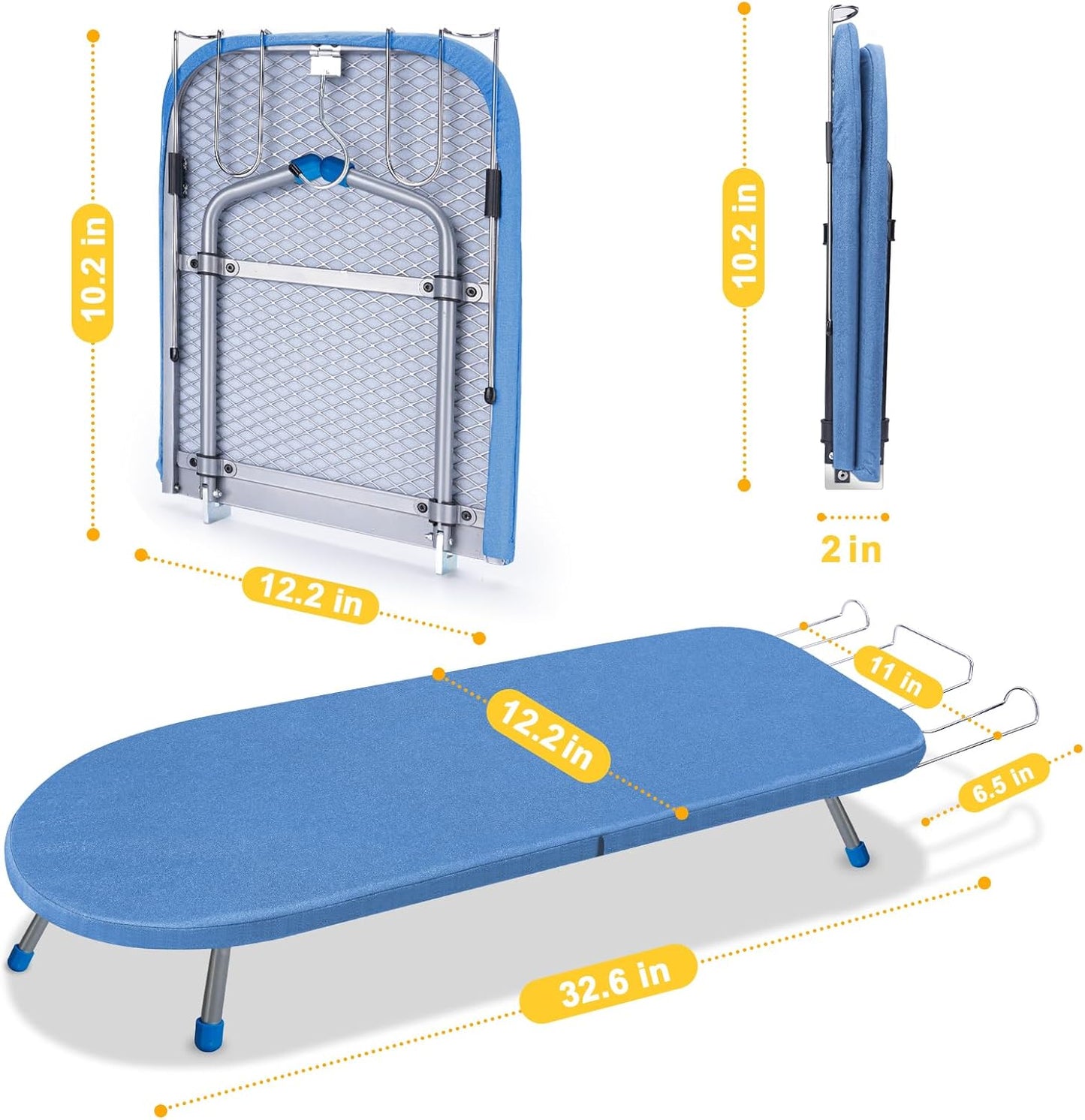 Tabletop Ironing Board with Iron Rest, 32" x12'' Metal Mesh Panel Mini Ironing Board with Heat Resistant Cover, Portable Small Iron Board Foldable for Dorms, Apartment and Travel, Blue