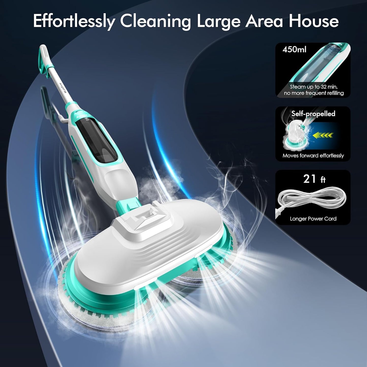 Scrubbing Steam Mop with Rotating Mop Pads, All-in-One Hard Floor Cleaner with LED Headlights, Steam & Spin Control, 6 Soft Scrub Pads, Swivel Steering, FS07
