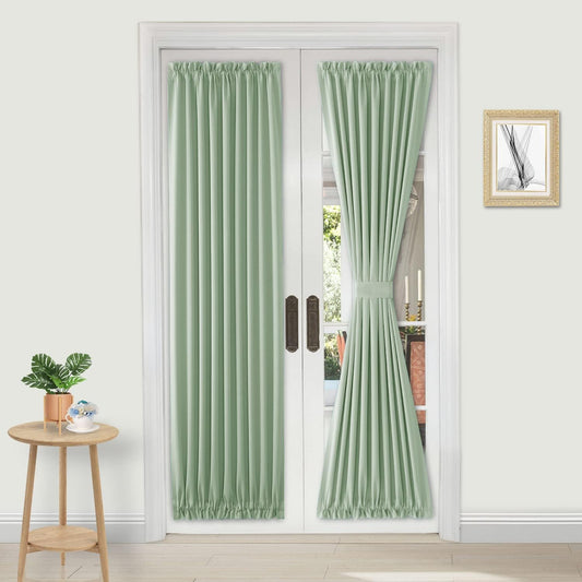 DWCN French Door Curtains – Rod Pocket Thermal Blackout Curtain for Doors with Glass Window, Kitchen and Patio Doors for Privacy, 25 X 72 Inches Long, 1 Curtain Panel with Tieback, Bean Green