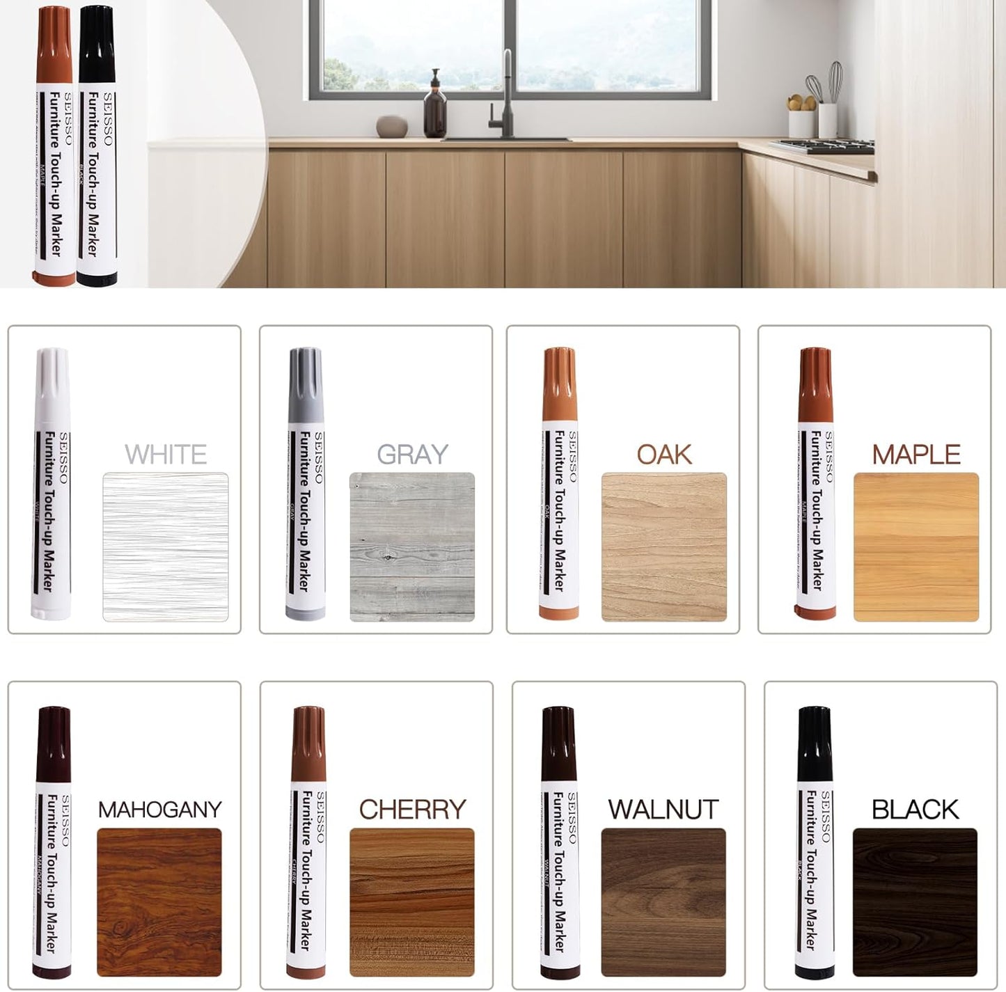 Wood Furniture Repair Kit- 8 Colors Wood Fillers and Touch Up Markers, New Upgrade Wood Repair Kit, Wood Markers for Scratches Stains- Restore Wooden Table, Cabinet, Floors, Door, 20 Sets