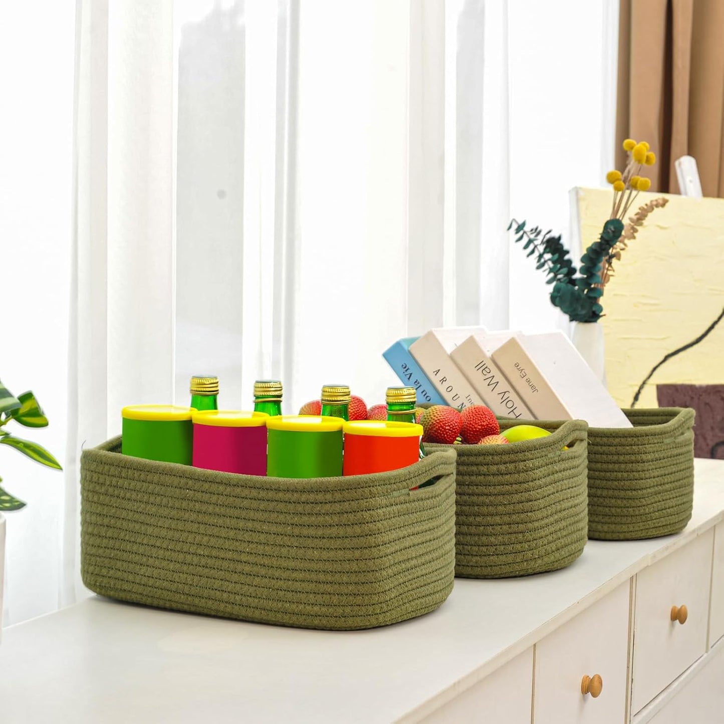 Small Green Storage Baskets for Organizing Shelves, Cute Woven Baskets for Storage, Organizer Basket for Decor, Gift Basket, 13"×8.5"×5.1" (3 Packs) Green