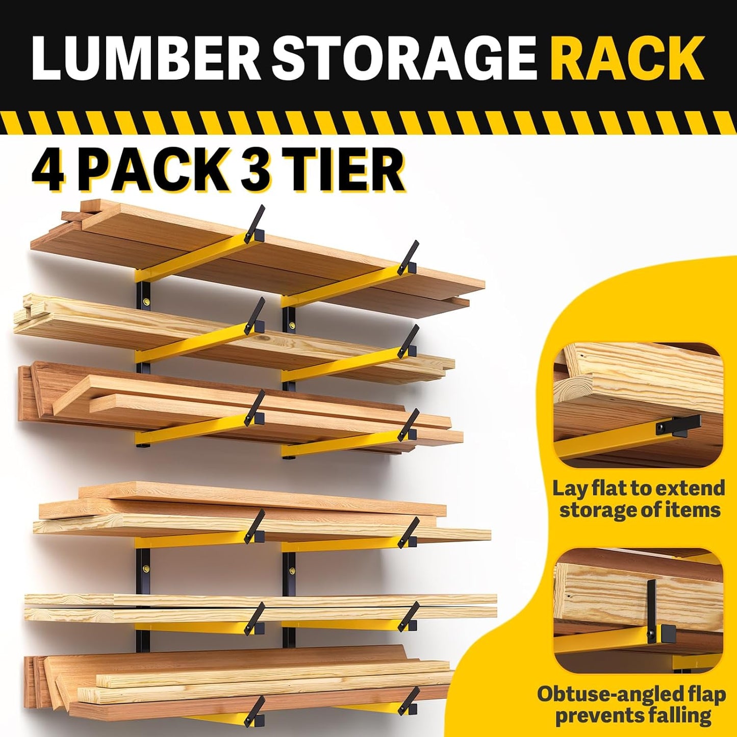 GREENER Lumber Storage Rack Folding Wood Storage Racks Wall-Mounted Metal Racks for Storage with 3-Level Heavy Duty Garage Wood Organizer for Woodworking Shop Indoor & Outdoor Use, 4 pairs,Yellow