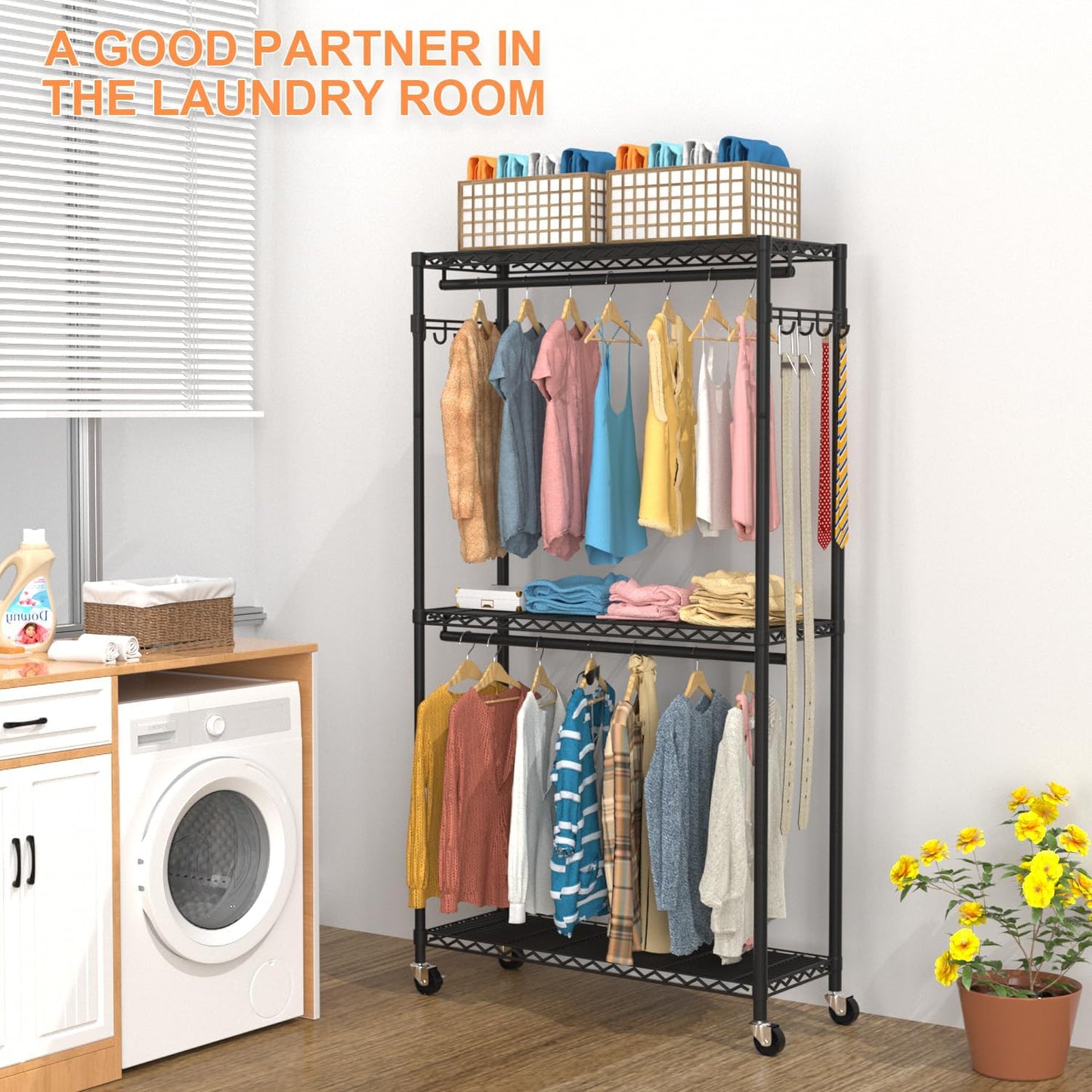 Clothes Rack, Clothing Racks for Hanging Clothes, 3 Tiers Adjustable Garment Rack with Wheels | Double Rods | Side Hooks | Heavy Duty | Load 445lbs | 15.7" D x 35.43" W x 78.34" H | Black