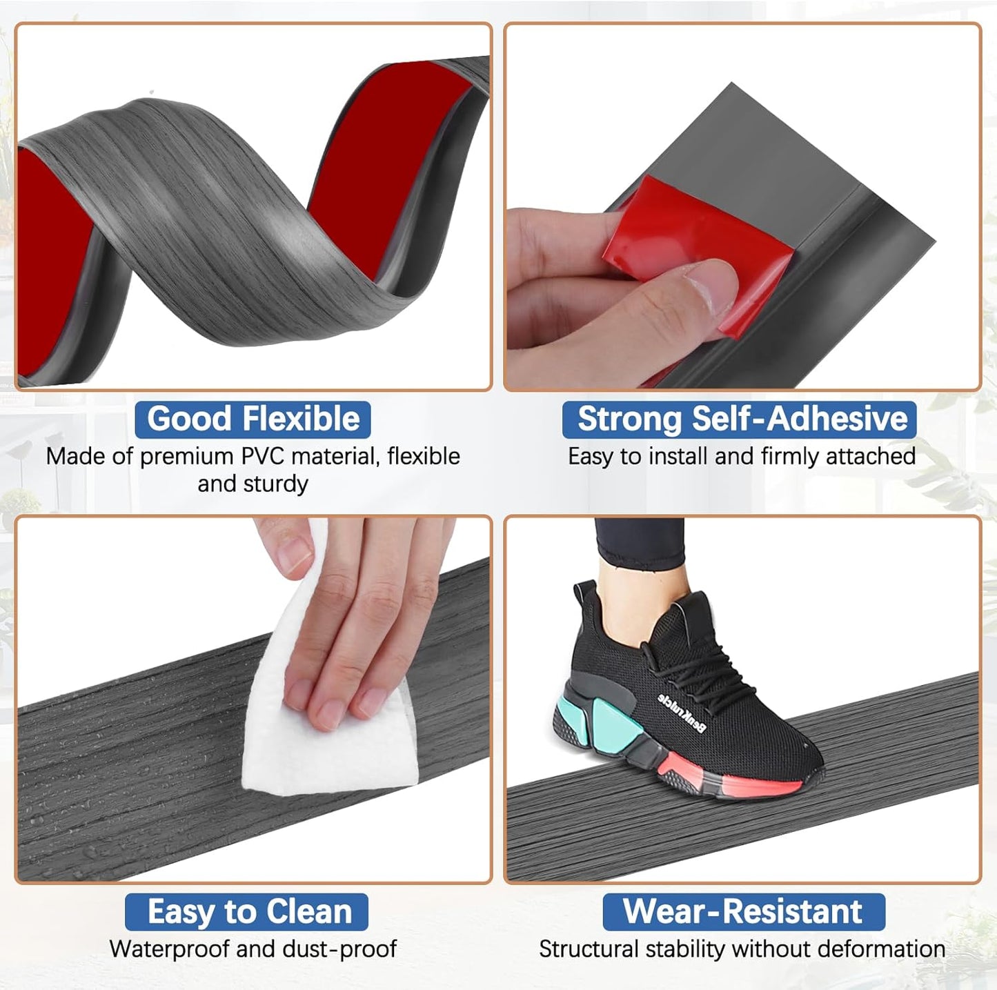 Vinyl Door Threshold Flooring Transition Strip Self Adhesive Carpet Edging Strip for Laminate Doorway Edge Threshold from 3/5" to 4/5" (Dark Gray Wood Grain, 10 Ft)