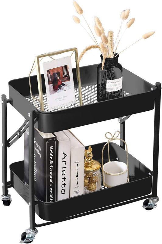 2-Tier Metal Folding Rolling Cart, Mobile Utility Cart Trolley Storage Organizer for Office Home Kitchen Organization, Sofa Side End Table with Wheels, Black