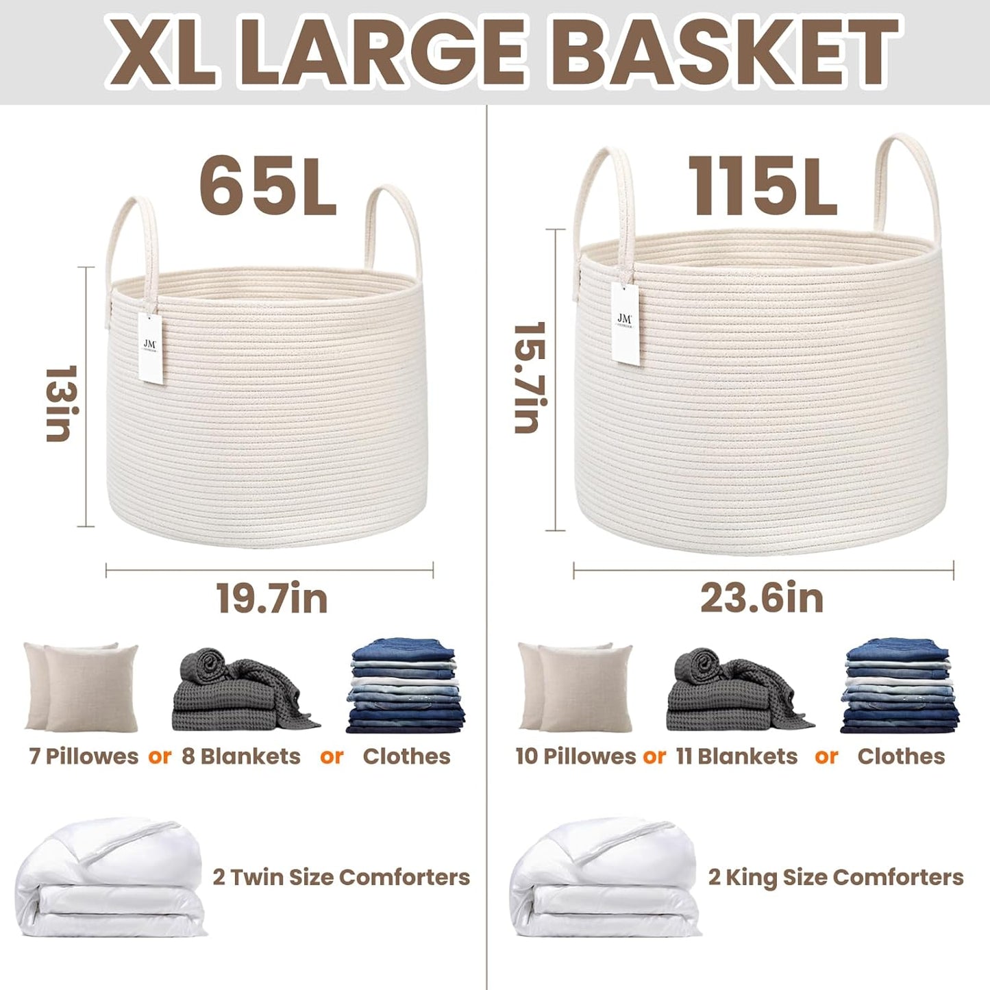 Woven Blanket Basket,65L Large Rope Storage Bin with Handles, Organizer for Blankets Toys Book and Clothes, Laundry Basket for Living Room Bedroom Nursery,White