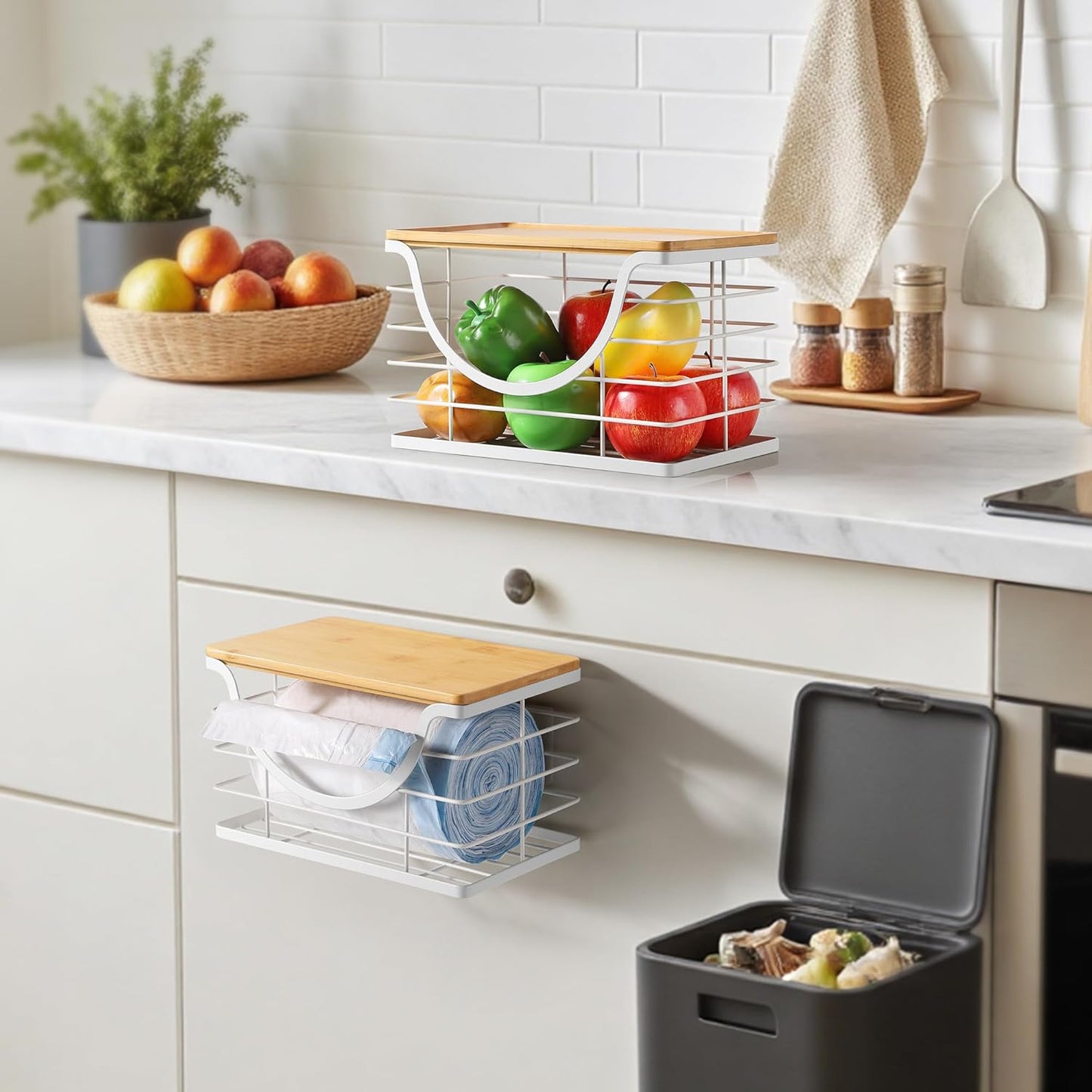 Extra Large Trash Bag Holder Stackable Kitchen Storage White, 2 Pack Wall Mounted Pantry Organizers and Storage with Bamboo Top, Garbage Bag Dispenser Under Sink for Laundry Room and Kitchen