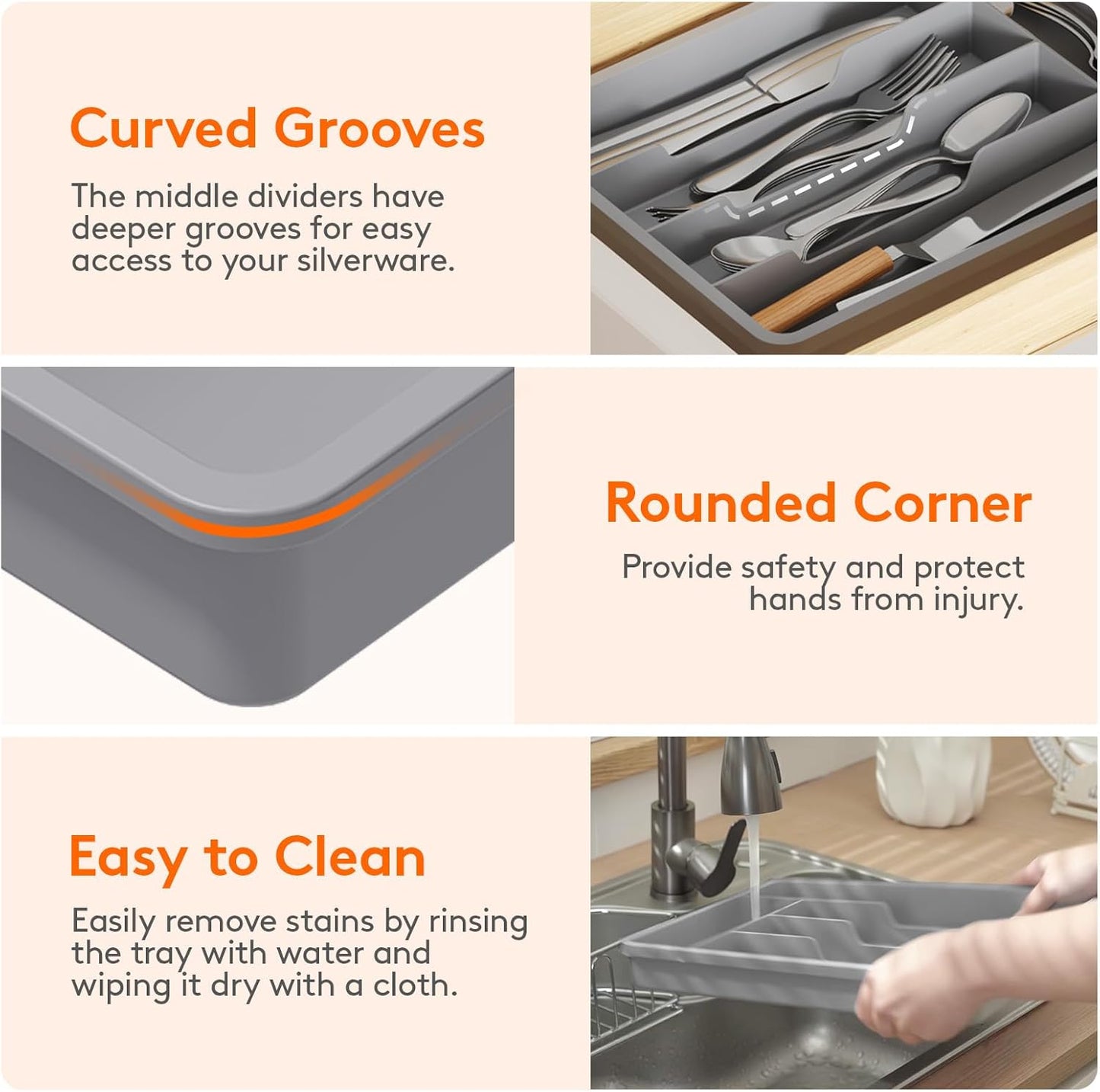 Lifewit Silverware Tray, Deep Wide Cutlery Drawer Organizer Storage for Kitchen, Plastic Flatware Utensil Holder Divider for Spoons Forks Knives Tableware, 5 Compartment, Gray