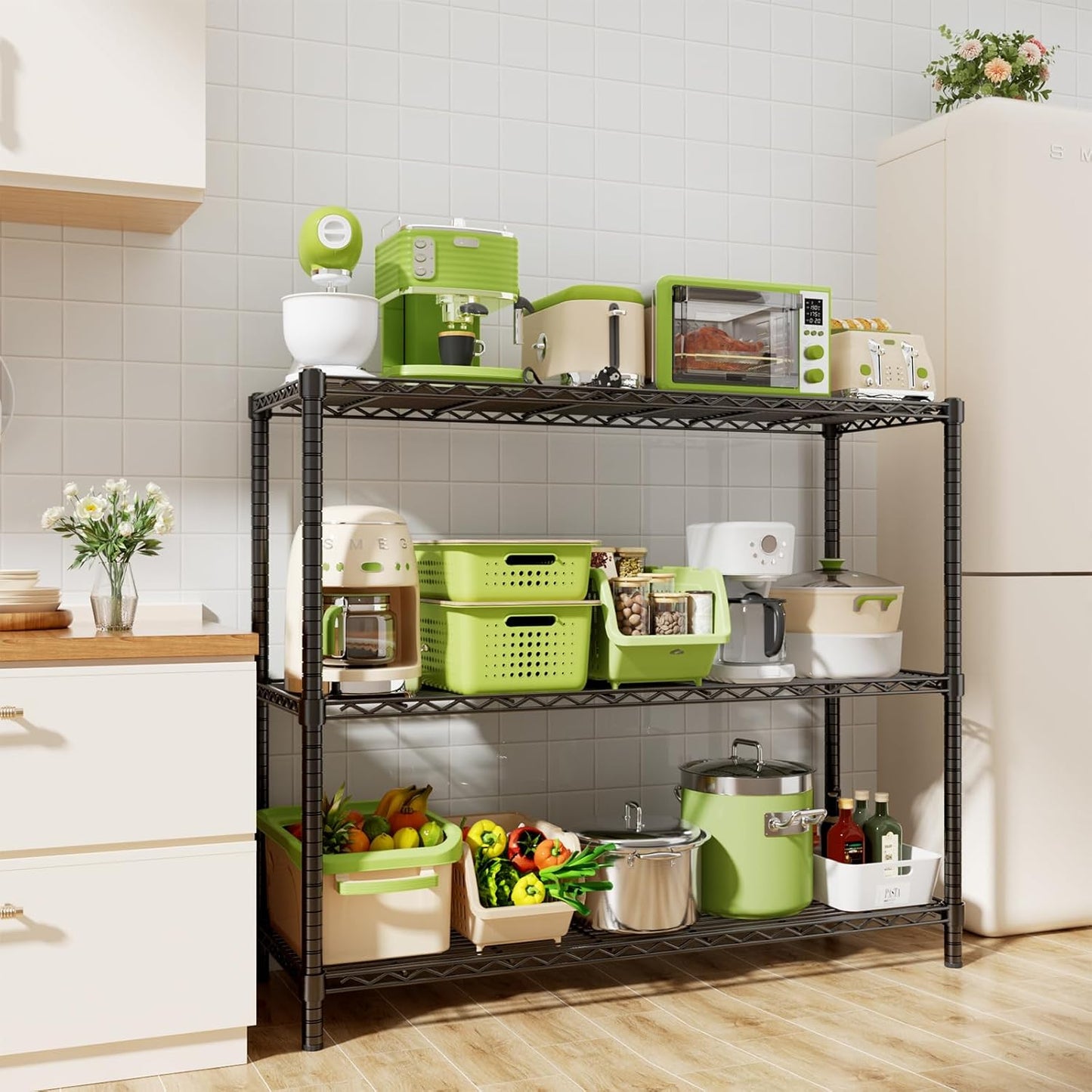 Storage Shelves, 48" L x 20" W x 47" H Heavy Duty Garage Wire Shelving Unit Loads 1200LBS, 3-Tier Adjustable Metal Industrial Utility Shelf Rack for Kitchen, Laundry Room, Basement