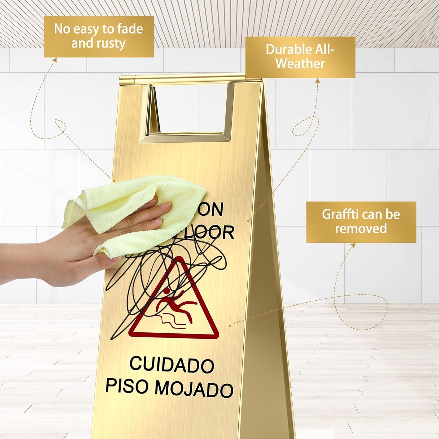 LEIFIDE 4 Pcs Stainless Steel Wet Floor Caution Sign Bulk 8.8 Pound Portable Foldable Handle Bilingual Safety Sign for Kitchen Restaurant Shop Commercial Use Avoid Fall and Slip Accident (Gold)